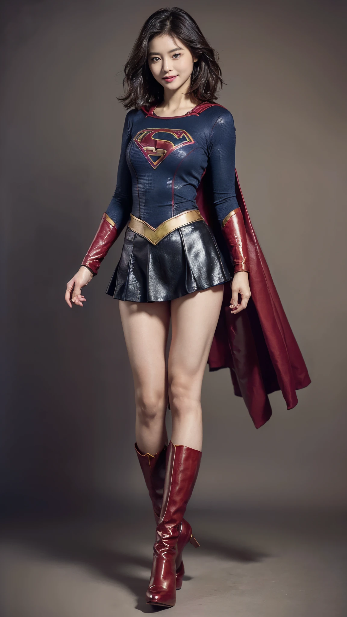 Asian Beautiful Girl、(((Wear black tights on your beautiful legs.)))、(((beauty legs)))、(((facial expression of smile)))、((((Make the most of the original image)))、(((Supergirl Costume)))、(((a short bob、beautiful hairl)))、(((Suffering)))、(((Feet must necessarily be worn with black tights)))、(((You need to wear red boots)))、((Top image quality、8K))、((top-quality、8K、masterpiece:1.3))、(((Keep your background simple)))、Crisp focus:1.2、Beautiful woman with perfect body shape:1.4、Slender Abs:1.2、a wet body:1.5、Highly detailed facial and skin texture、8K、beauty legs