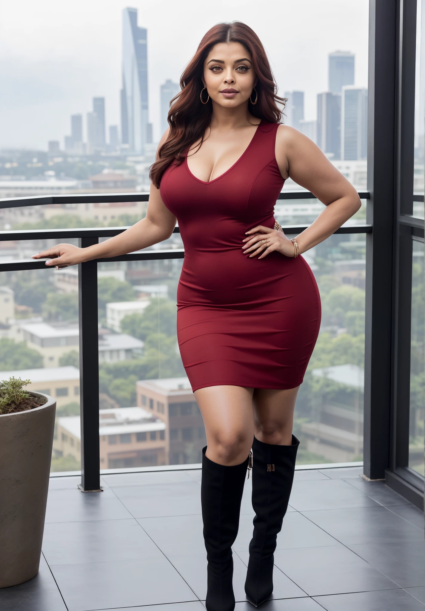 Aishwarya Rai Bachchan, sexy corporate lady, short red bodycon dress, knee high boots, thighs show, ponytail tied hair, bright sunny day scene, athletic curvy milf body, posing in penthouse terrace, hourglass milf figure, seducing pose, looking straight at camera, 50 yo milf, soft volumetric lights, intricate details, (ArtStation:1.2)