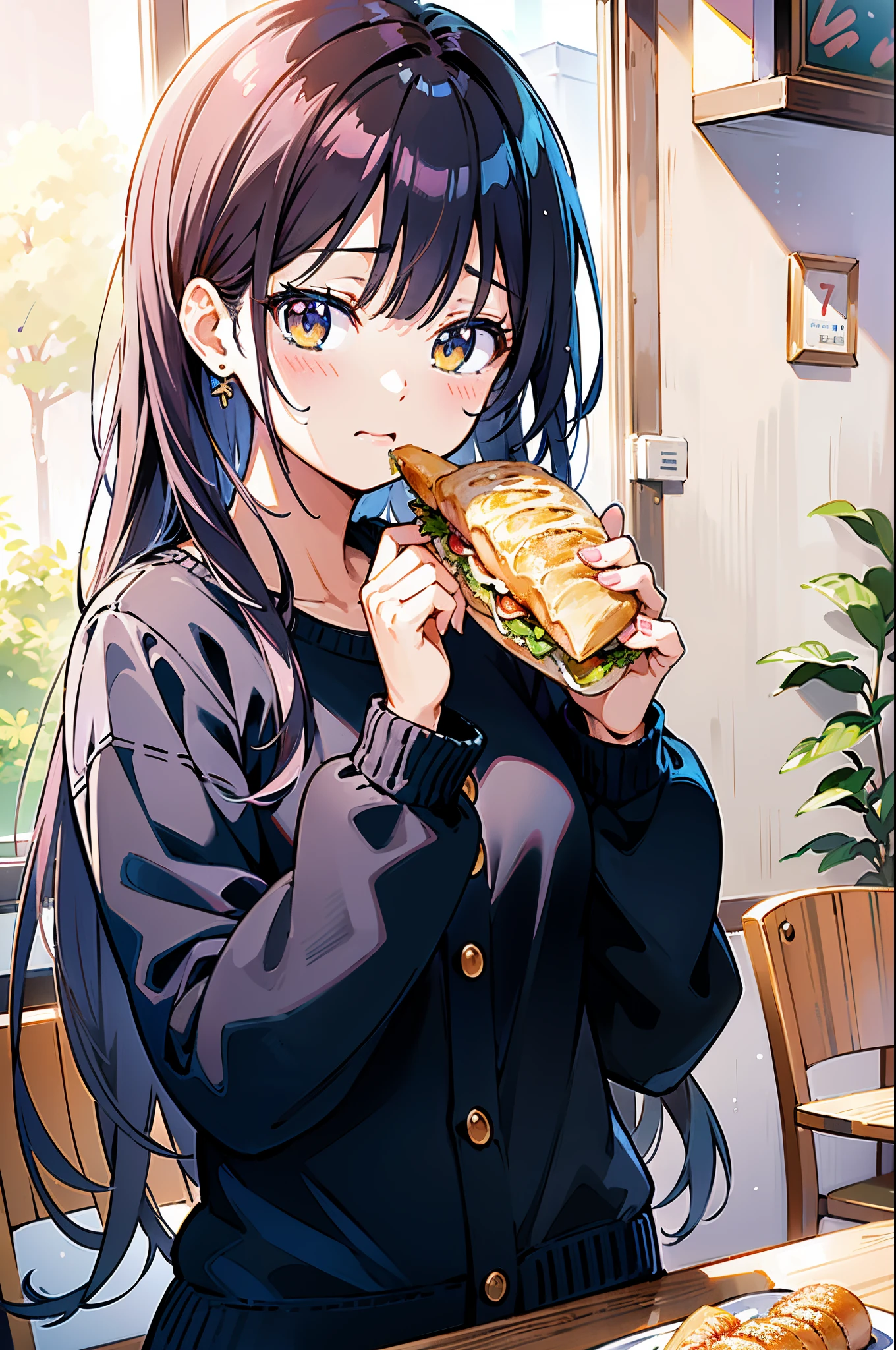Anime girl eating a sandwich in a restaurant with windows, Anime visuals of cute girls, anime moe art style, beautiful anime high school girl, marin kitagawa fanart, Ecchi anime style, Smooth Anime CG Art, Have a baguette, (Anime Girl), 4 k manga wallpaper, kawaii realistic portrait, nagatoro, having a snack, charming anime girls