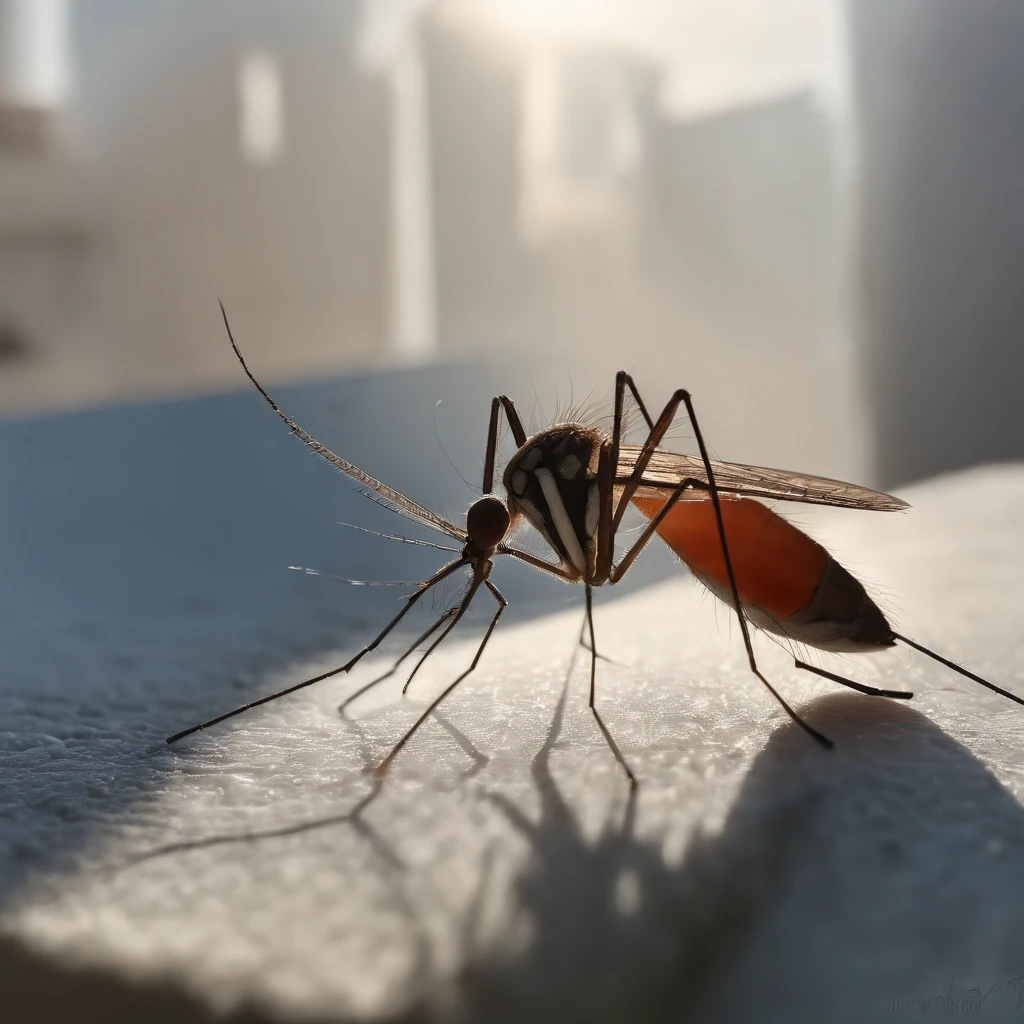 A huge mosquito lies on the roof of a tall building，Look out at the sky，（negative cue word：Mosquitoes only have 6 legs，1 belly，This is a female mosquito）