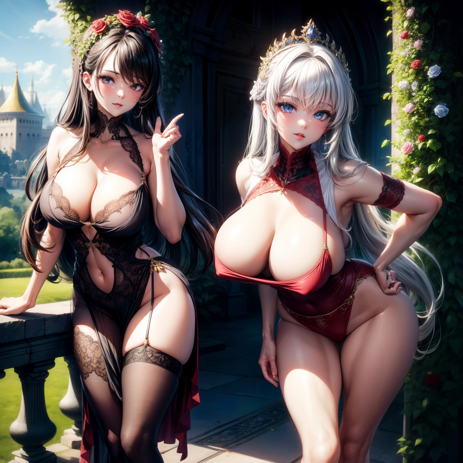 （8K ，hyper-detailing，ultra real photo，Best masterpiece，natural，Perfect artwork，Perfect female body），Two cute busty girls ，Hair color，（large tities），In a splendid palace，Red rose decoration，stately fortress，Beautiful garden，Wearing a black tight dress，Sexy tight dress，ssee-through，Built-in thong，The cracks are relatively large，stretch the meat，Raised sexy，Flirtatious，obscene exposure ，fully body photo