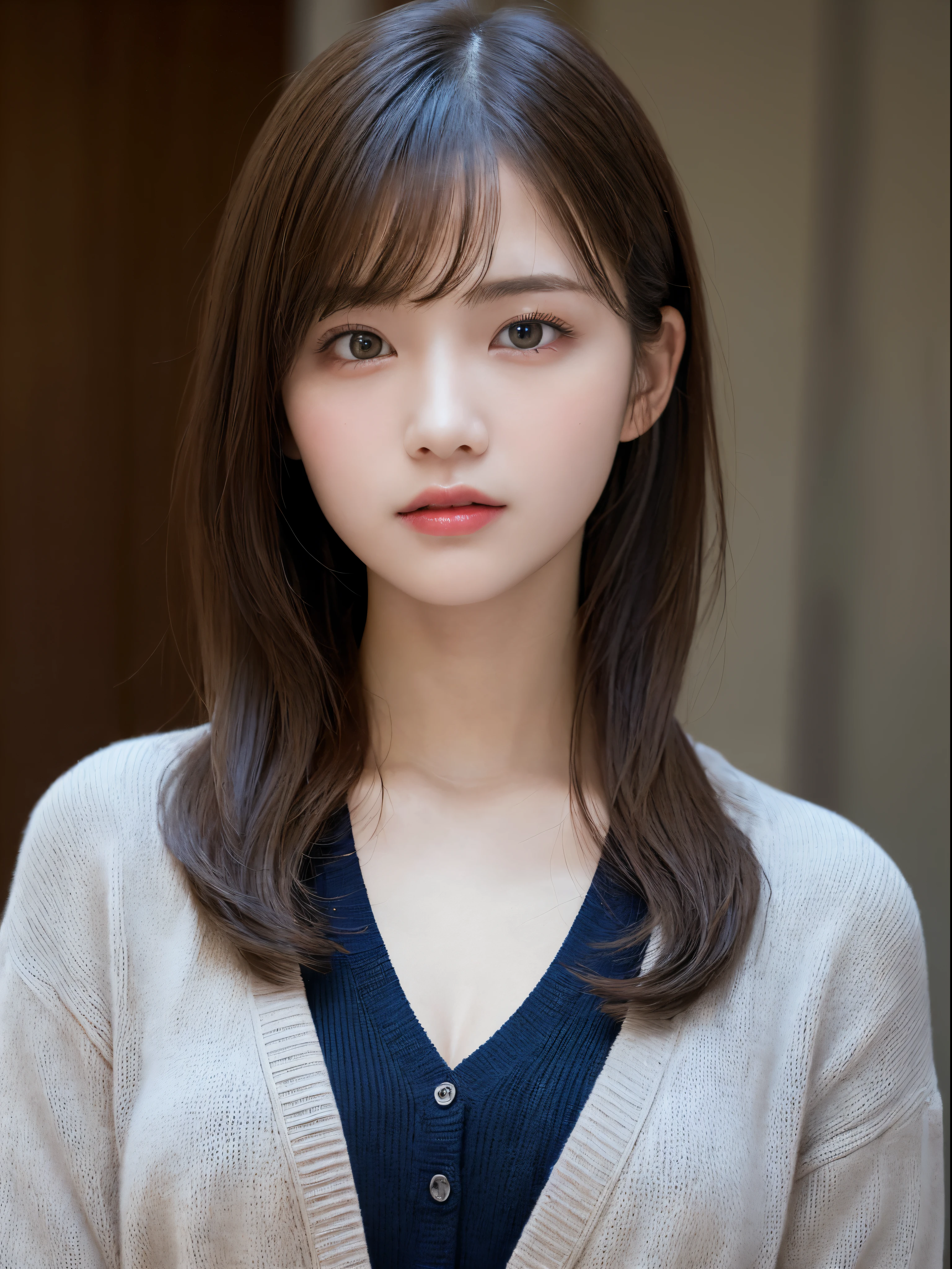 masutepiece, Best Quality, Illustration, Ultra-detailed, finely detail, hight resolution, 8K Wallpaper, Perfect dynamic composition, Beautiful detailed eyes, Natural Lip, Dark blue knitted dress , Same as, cleavage, Cross legs