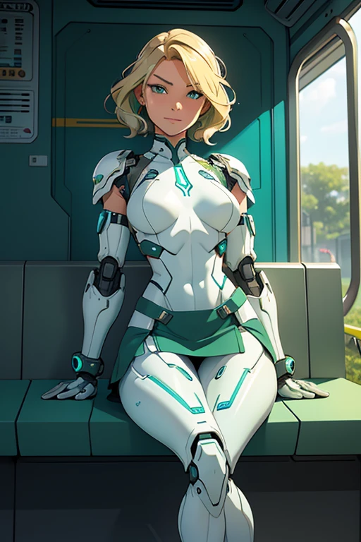 A beautiful, young, barefoot cyborg woman, wearing skintight cybernetic technological white, green and teal body armor with a skirt, prosthetic arms and legs , with short blonde wavy hair and a, in a futuristic train, sitting on a seat, happy facial expression.