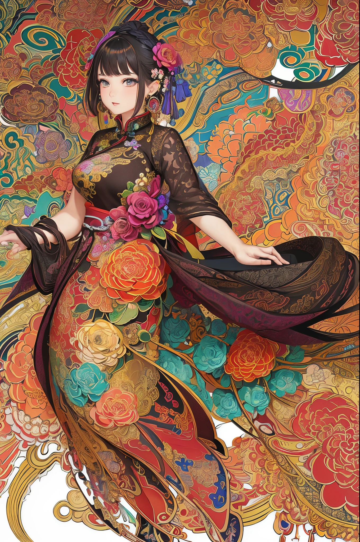 (masterpiece, top quality, best quality, official art, beautiful and aesthetic:1.2), (1girl:1.3), extremely detailed,(fractal art:1.1),(colorful:1.1)(flowers:1.3),highest detailed,(zentangle:1.2), (dynamic pose), (abstract background:1.3), (chinese Traditional cloth:1.2), (shiny skin), (many colors:1.4), ,(earrings:1.4),