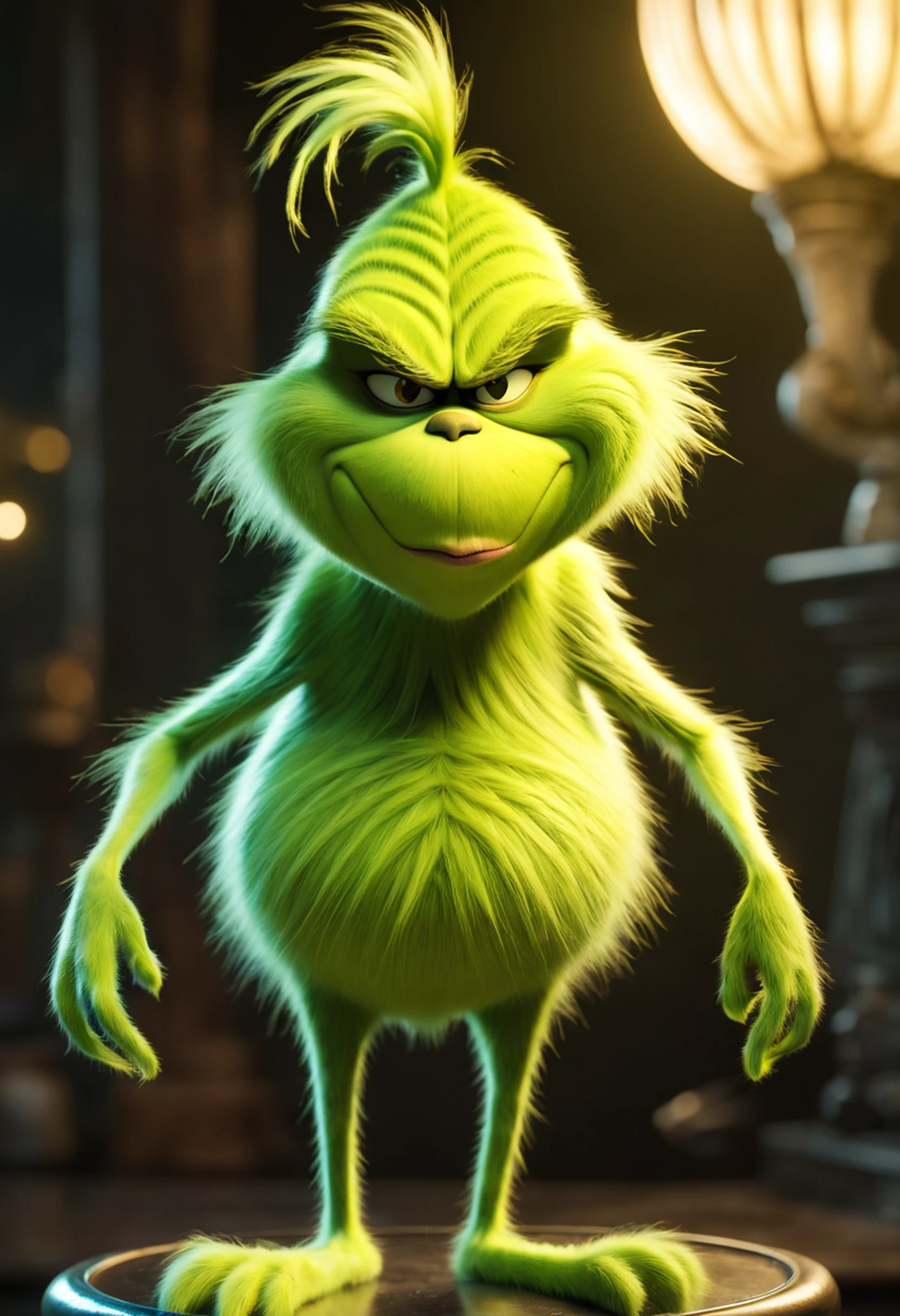 In a mesmerizing display of luminous artistry, envision (the Grinch) as a vibrant symphony of bioluminescent hues, Detailed and realistic, depict the green, furry creature with intricate precision, its pot-bellied, pear-shaped body radiating an ethereal glow. Balance the composition with symmetrical elements that enhance the Grinch's cat-like face and snub-nosed features. Let the intricate light patterns dance upon its cynical personality, bringing this iconic character to life in a truly captivating and awe-inspiring manner., Realism, god rays, ray tracing, highres, best quality, 16k