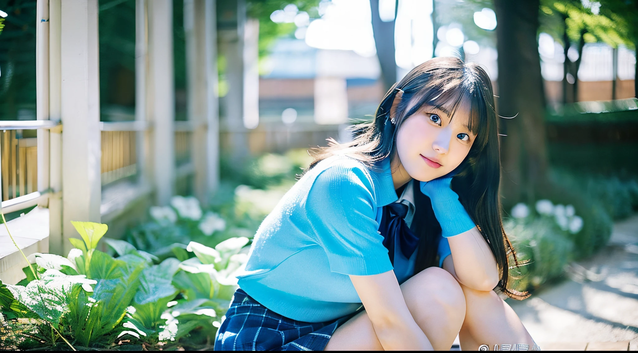 Beautiful girl wearing a light blue summer knit、terraces、 student、