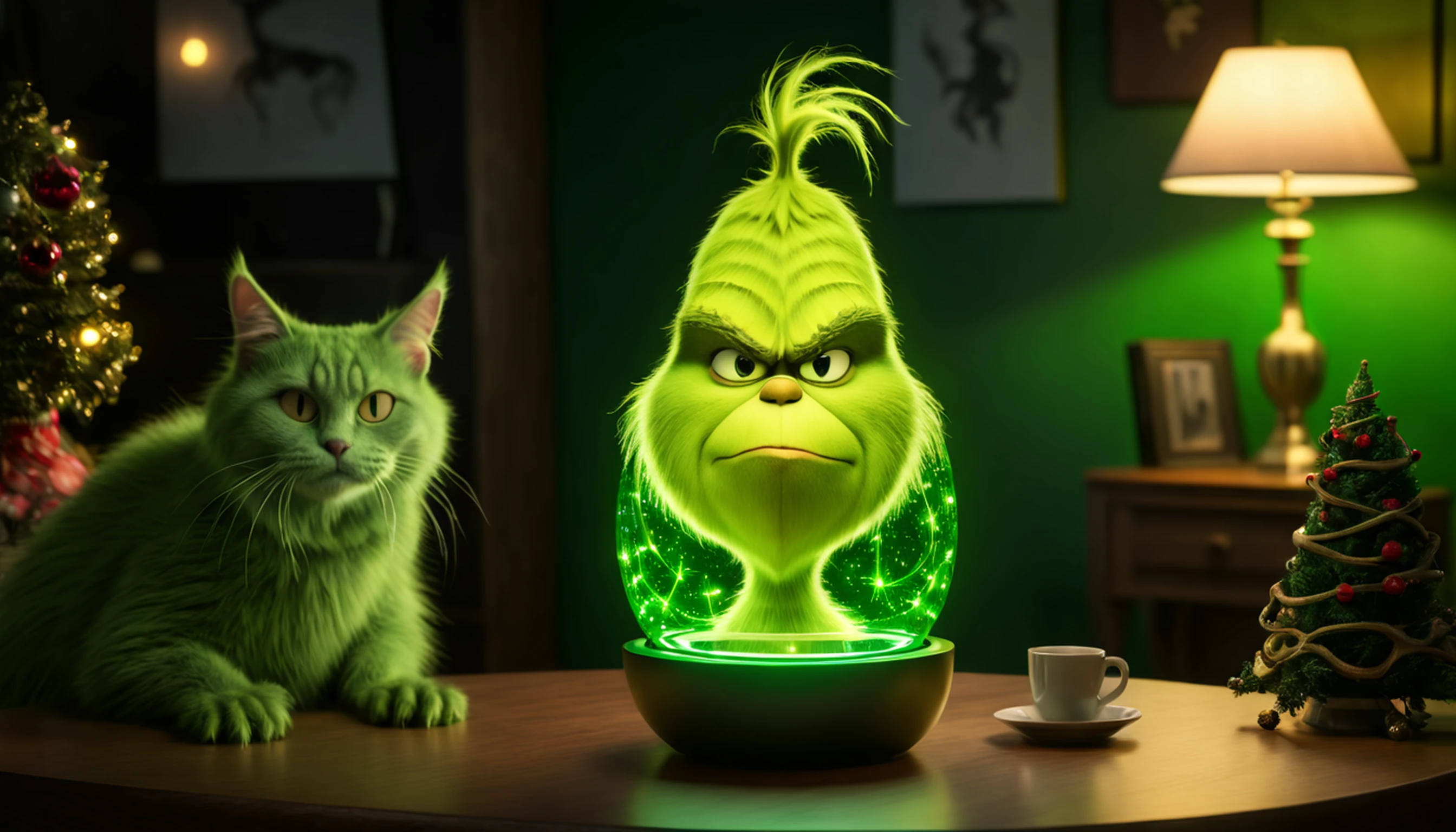 In a mesmerizing display of luminous artistry, envision (the Grinch:1.3) as a vibrant symphony of bioluminescent hues, Detailed and realistic, depict the green, furry creature with intricate precision, its pot-bellied, pear-shaped body radiating an ethereal glow. Balance the composition with symmetrical elements that enhance the Grinch's cat-like face and snub-nosed features. Let the intricate light patterns dance upon its cynical personality, bringing this iconic character to life in a truly captivating and awe-inspiring manner., Realism, god rays, ray tracing, highres, best quality, 16k
