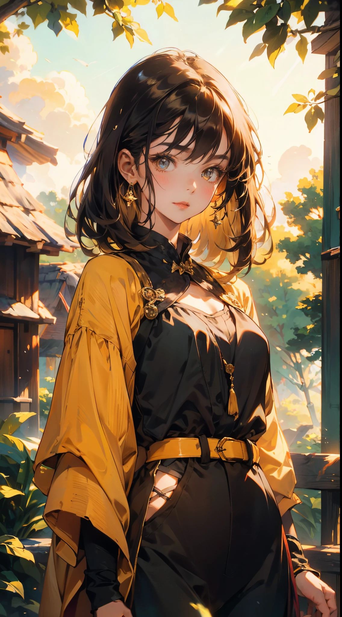 A girl, short golden hair styled in an upward fashion, a tuft of hair bangs, a melancholic expression, sharp gaze, a playful smile, a two-piece fantasy-style Chinese outfit, a complexly layered white undershirt, a loose-knit outer coat, a yellow silk belt, coarse cloth trousers, the backdrop showcases a wooden house set in a bamboo forest, creating a refreshing and dreamy atmosphere, this character embodies a finely crafted fantasy-style wise in anime style, characterized by an exquisite and mature manga illustration art style, high definition, best quality, highres, ultra-detailed, ultra-fine painting, extremely delicate, professional, anatomically correct, symmetrical face, extremely detailed eyes and face, high quality eyes, creativity, RAW photo, UHD, 8k, Natural light, cinematic lighting, masterpiece-anatomy-perfect, masterpiece:1.5