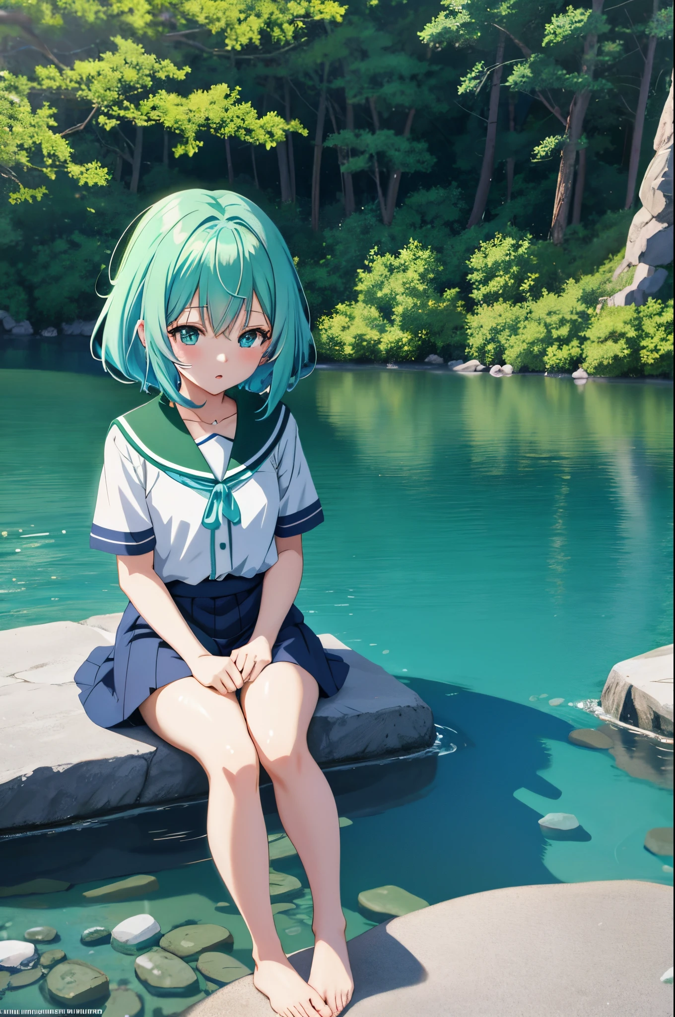 Anime girl sitting on a rock in a river surrounded by trees, anime style4 K, anime girl with teal hair, Anime style. 8K, Anime Art Wallpaper 8K, Anime Art Wallpapers 4K, Anime Art Wallpapers 4K, Beautiful avatar picture, High quality anime art style, anime styled digital art, Нарисовано Anime Painter, anime wallpaper 4k,Lying on a stone slab,Sleepy,I want to sleep