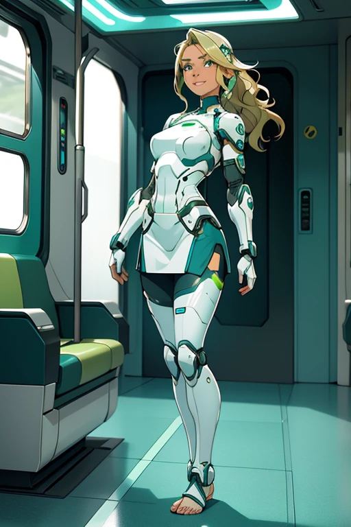 A beautiful, young, barefoot cyborg woman, wearing skintight cybernetic technological white, green and teal body armor with a skirt, prosthetic arms and legs , with short blonde wavy hair and a, in a futuristic train, standing, happy facial expression.