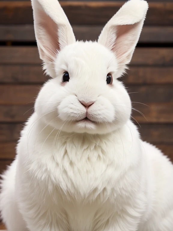 1bunny, white fur, ginger spots, plain background, looking at viewer, high res, fluffy, ultra sharp, 4K, front view, cute