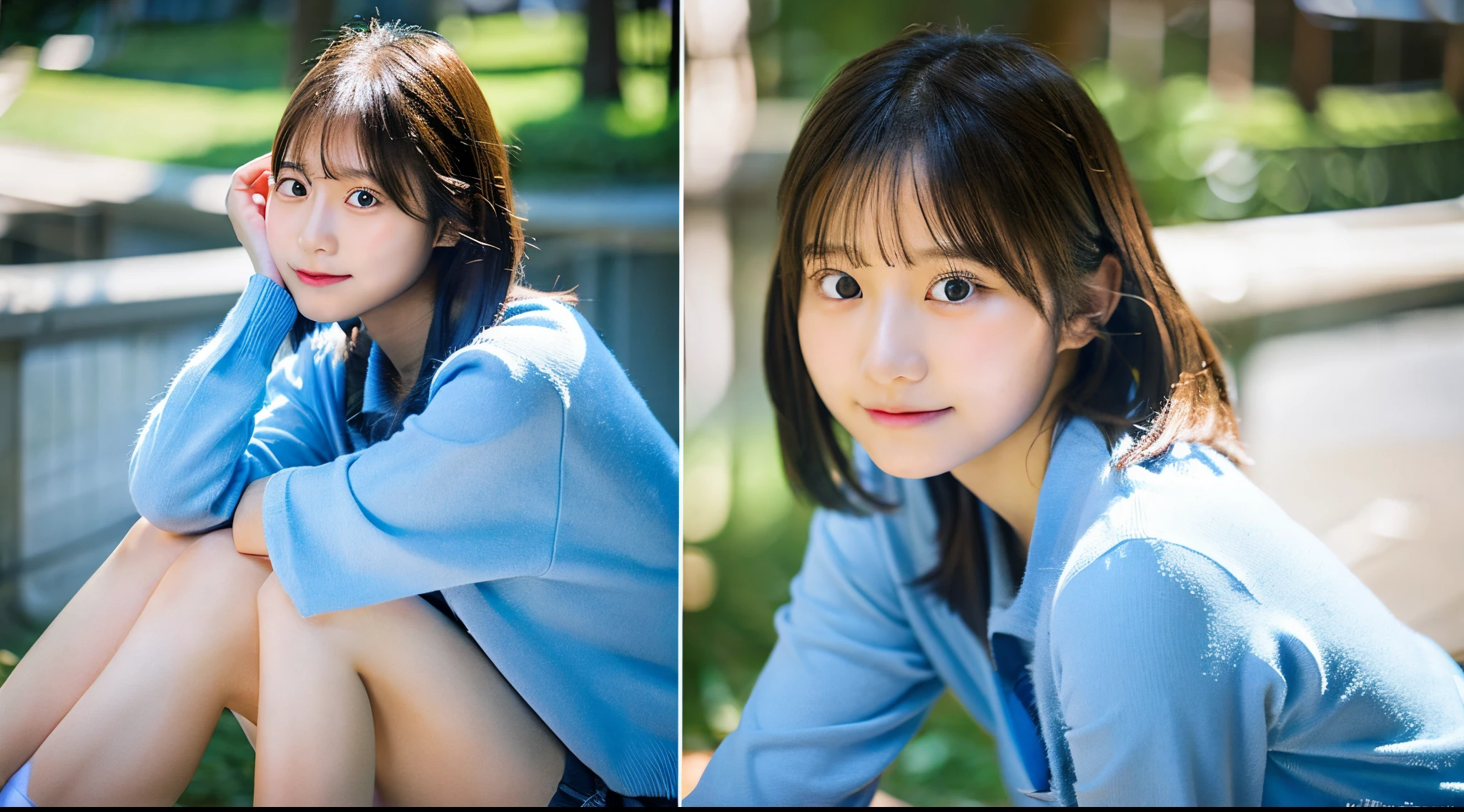 Beautiful high school girl, 18 years old, wearing a light blue miniskirt