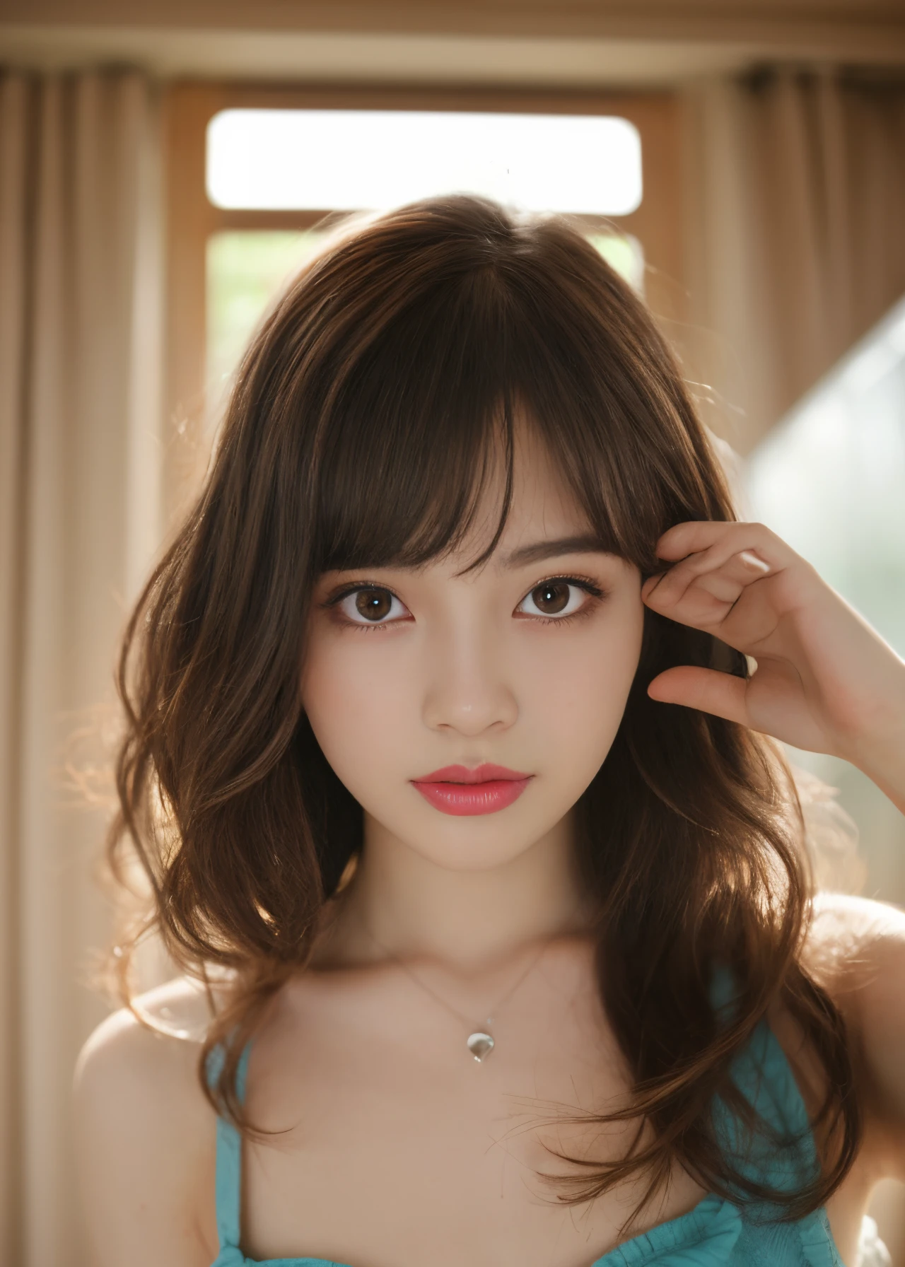 (独奏),1girl in、  (kawaii:1.3), (sepia colored hair, Front hair:1.2),
looking at the viewers、bangss、jewely、V Neck Dress、makeup、Eye lashes、a necklace、hair wavy、Indoors、window、girl's own room、cute interior、NaturalHand2-3500, Ultra-high-quality photos, Raw photography, beautiful detailed face and eyes, (Photorealsitic:1.4), top-quality, hight resolution, realisitic, 16 K, Caustics, Core Shadow, Dinamic Light, Beautiful and delicate lips, delicate finger, Detailed pupils, Real Human Skin, (ighly detailed),, (natural soft light:1.2),, ​masterpiece, top-quality, nostalgic