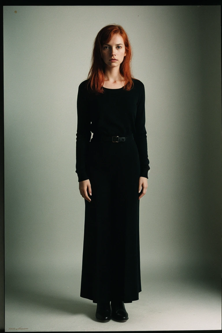 (((full body))), woman,in the dark, film grain, award winning photo, (green tint:0.5), looking to the side, redhead