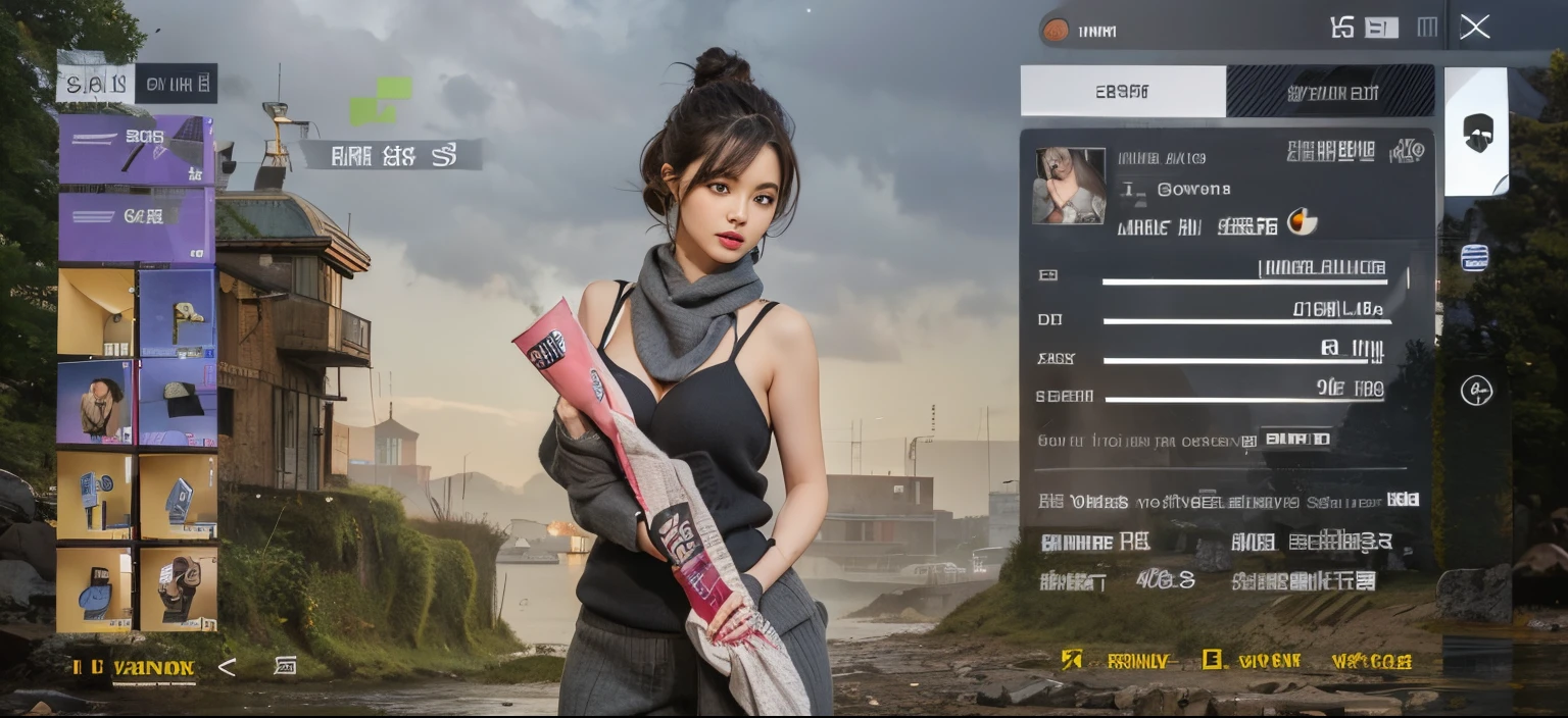 huge tit、Gray knitwear、cleavage of the breast、Background with、Low pixels、Low image quality