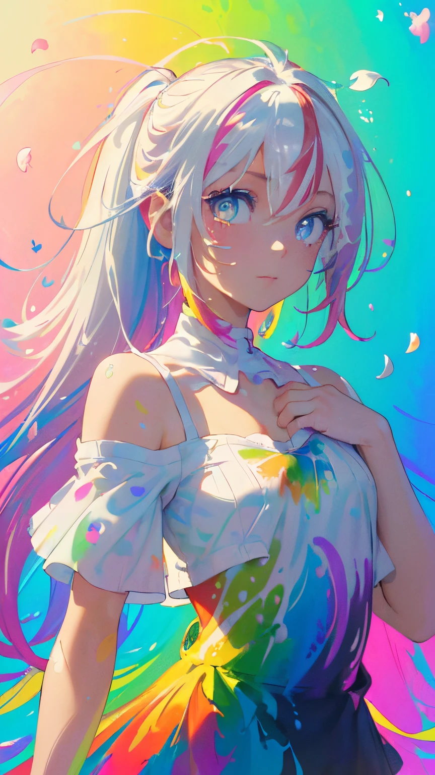 （Pink Fashion T-shirt：1.9），(Colorful hair: 1.8), (all the colours of the rainbow: 1.8),(((((vertical painting：1.6))), （painting：1.6），front, comics, illustrations, paintings, large eyes, crystal clear eyes,（ rainbow color gradient high ponytail：1.7）, exquisite makeup, closed mouth,(Small Fresh: 1.5),(Wipe Chest: 1.6) ，long eyelashes, white off shoulder T-shirt,  White Shoulder Shirt，looking at the audience, large watery eyes, (rainbow colored hair：1.6), color splash, （solo：1.8）, color splash, color explosion, thick paint style, messy lines, ((shining))，(colorful), (colorful), (colorful), colorful, Thick Paint Style, (Splash) (Color Splash), Vertical Painting, Upper Body, Paint Splash, Acrylic Pigment, Gradient, Paint, Highest Image Quality, Highest Quality, Masterpiece, Solo, Depth of Field, Face Paint,  colorful clothes, (Elegant: 1.2), gorgeous,long hair, wind, (Elegant: 1.3), (Petals: 1.4)，(((masterpiece))),(((best quality))),((ultra-detailed)),(illustration),(dynamic angle),((floating)),(paint),((disheveled hair)),(solo),(1girl) , (((detailed anima face))),((beautiful detailed face)),collar,bare shoulders,white hair, ((colorful hair)),((streaked hair)),beautiful detailed eyes,(Gradient color eyes),(((colorful eyes))),(((colorful background))),(((high saturation))),(((surrounded by colorful splashes))),