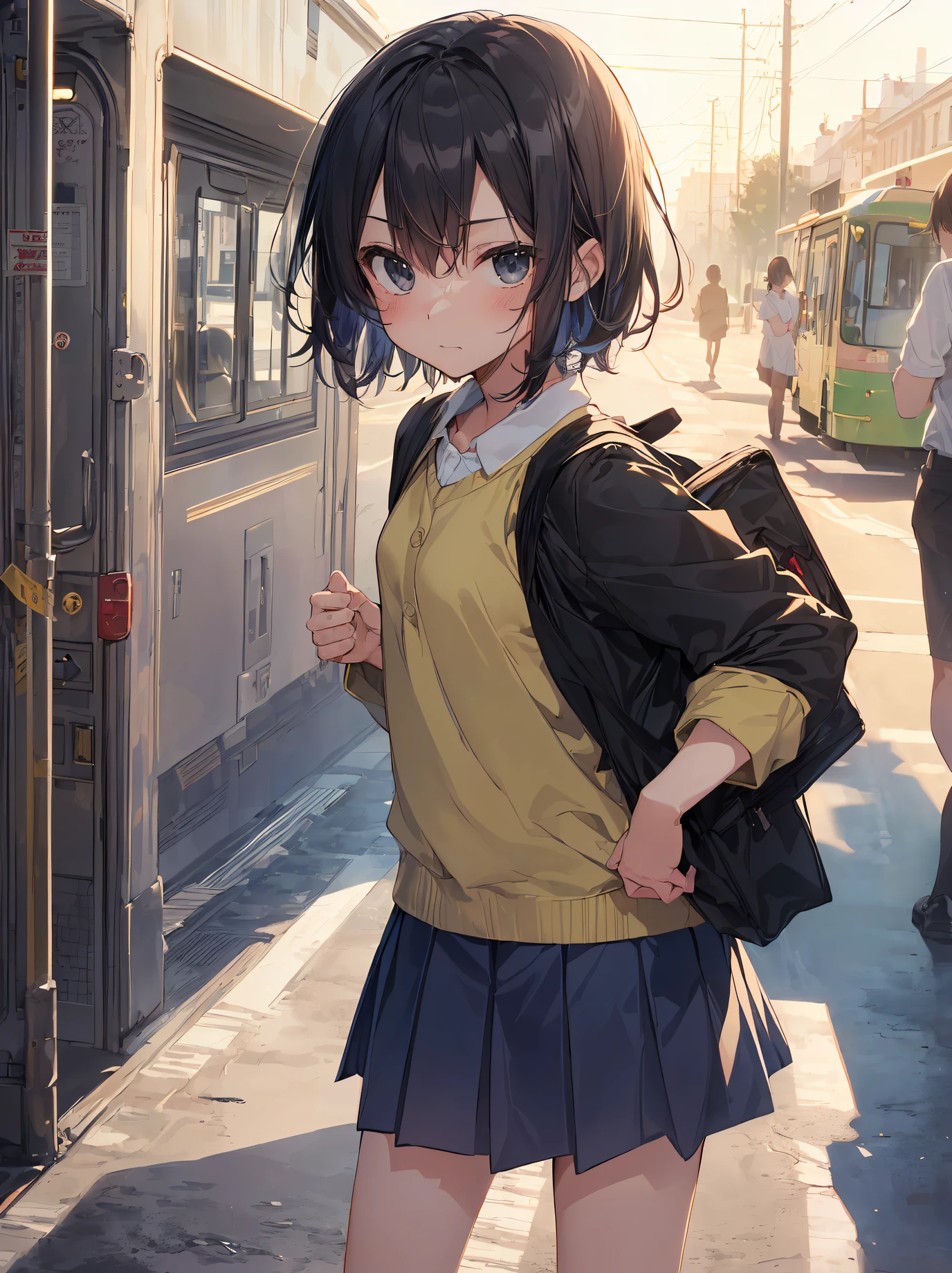 ((top quality, shinkai makoto style,ultra-detailed,high resolution,extremely detailed CG,unity 8k wallpaper, by famous artist, perfect anatomy, super detailed skin, cinematic lighting, UHD, retina, anatomically correct, 1080P)),break,(Please draw a girl going to school with the Grinch. :1.3), break,(Grinch with girl:1.5), (Solo,Loli face,13-year-old:1.5),a junior high school student, androgynous charm, (Very Short hair), Full limbs, complete fingers,flat chest, Small butt, groin, Beautiful detailed black eyes, disgusted eye, school Uniform, skirt,(Detailed Lighting), (Detailed background),(in theSchool commute route),