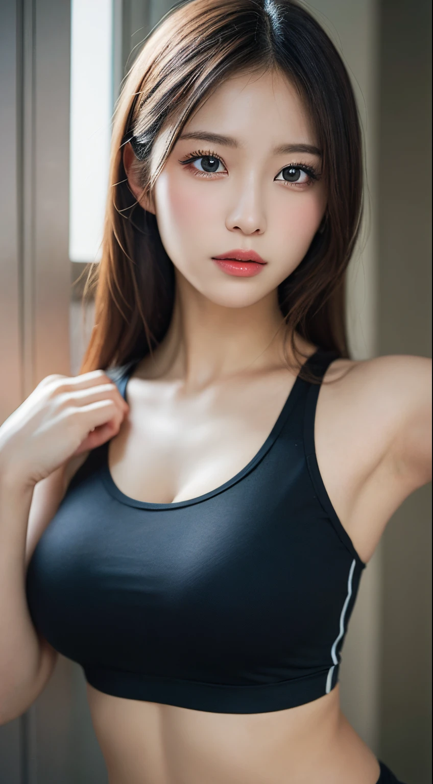 masutepiece, Best Quality, Illustration, Ultra-detailed, finely detail, hight resolution, 8K Wallpaper, Perfect dynamic composition, Beautiful detailed eyes,Colossal tits, fitness wear, Natural Color Lip,