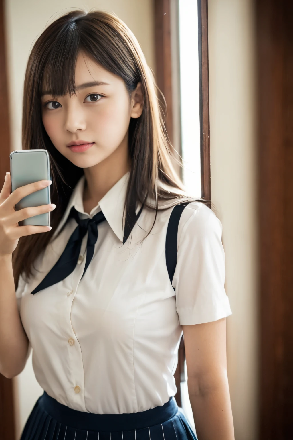 (((Take a photo of yourself in the mirror with your smartphone)))、((thighs thighs thighs thighs、large full breasts、face perfect、Look at your smartphone screen、Unbuttoned shirt))、(realisitic、Photorealsitic、ultra-detailliert、Highest Details Skins、top-quality、​masterpiece、超A high resolution)、Beautiful Japan Woman、hi-school girl、Japan School Uniforms、18year old、I have bangs、二重まぶた、drooing eyes、Large black eyes、Japanese style face、purity、Realistic skin type