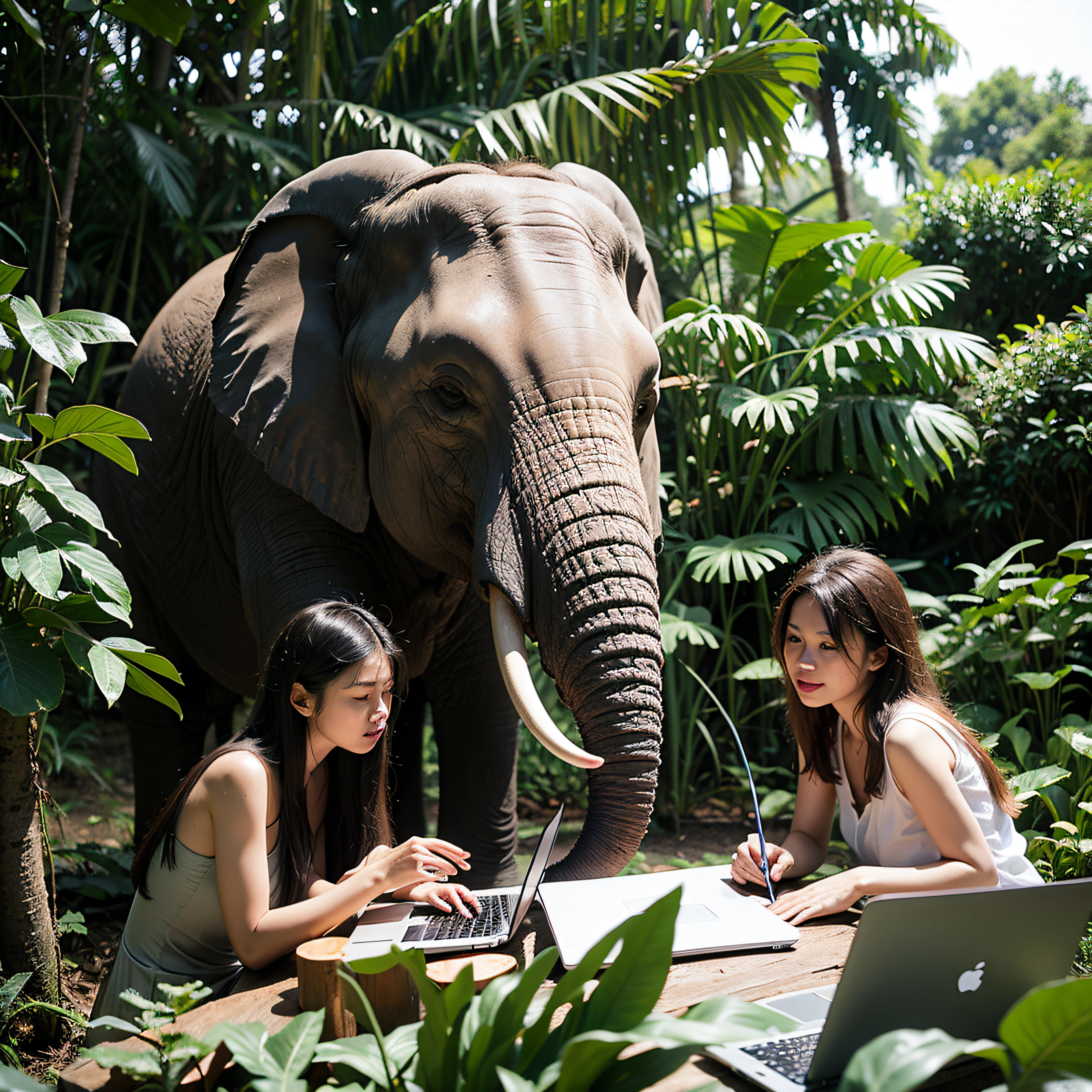 Office project team at Officeatea working on laptops in the jungle, elephant is behind, 8K, Micro Detail, Illustration, The elegance of instinct