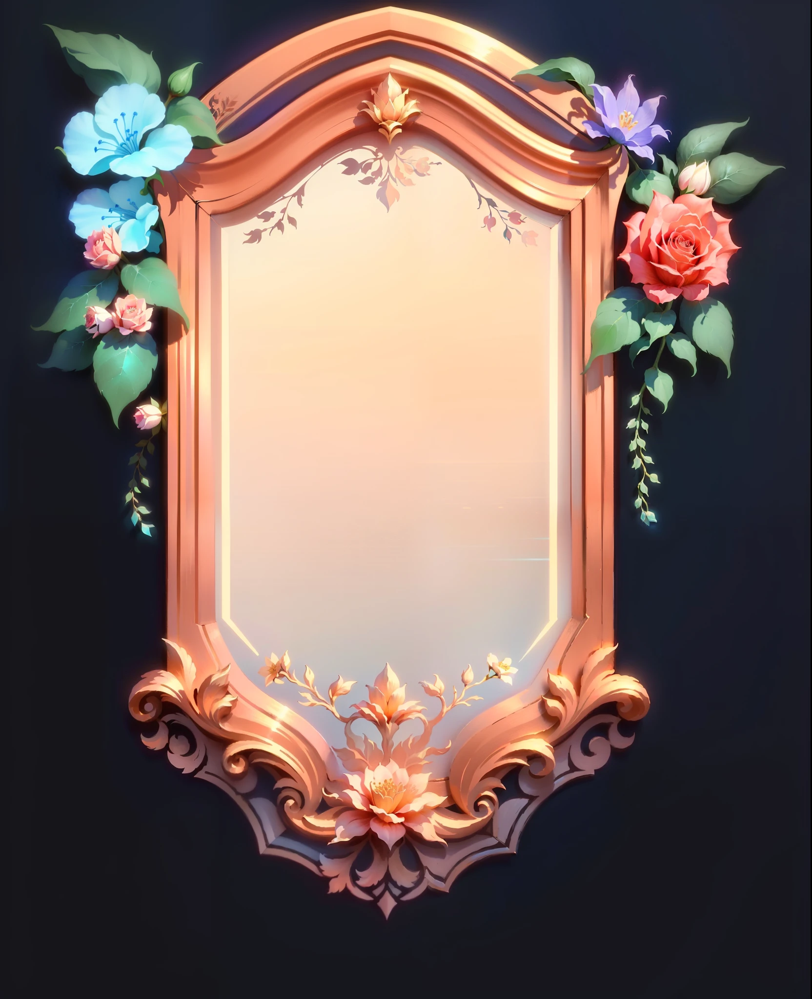 There is a picture of a mirror,There are flowers on it, ornate border + concept-art, mirror background, arte de fundo, ornate frame, Specular texture, 8K high quality detail art, detailed game art, Flower frame, Decorative frame, Gorgeous and elegant, elitedangerous 💙💜 a gorgeous ︎, stylized game art, game assets, Rococo elements, stylised painting, a gorgeous