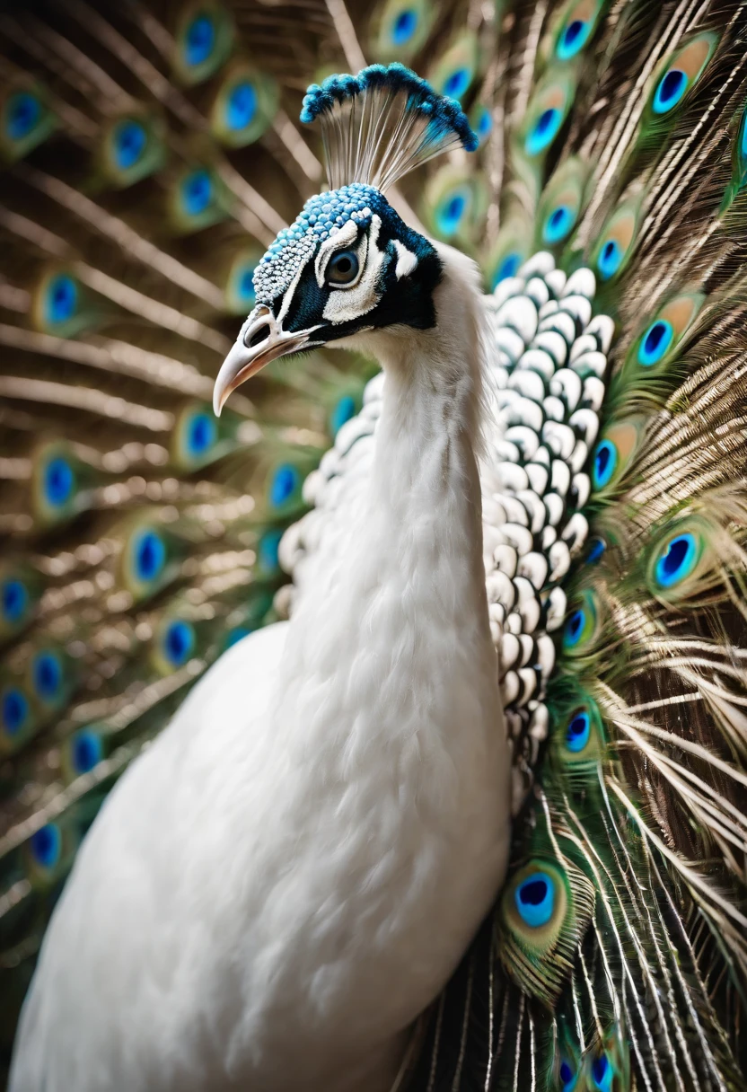Best quality at best, Stunning artwork of beautiful white peacock, Peacock opens the screen,intricately details, (The best shadow), Elegant, Volumetriclighting