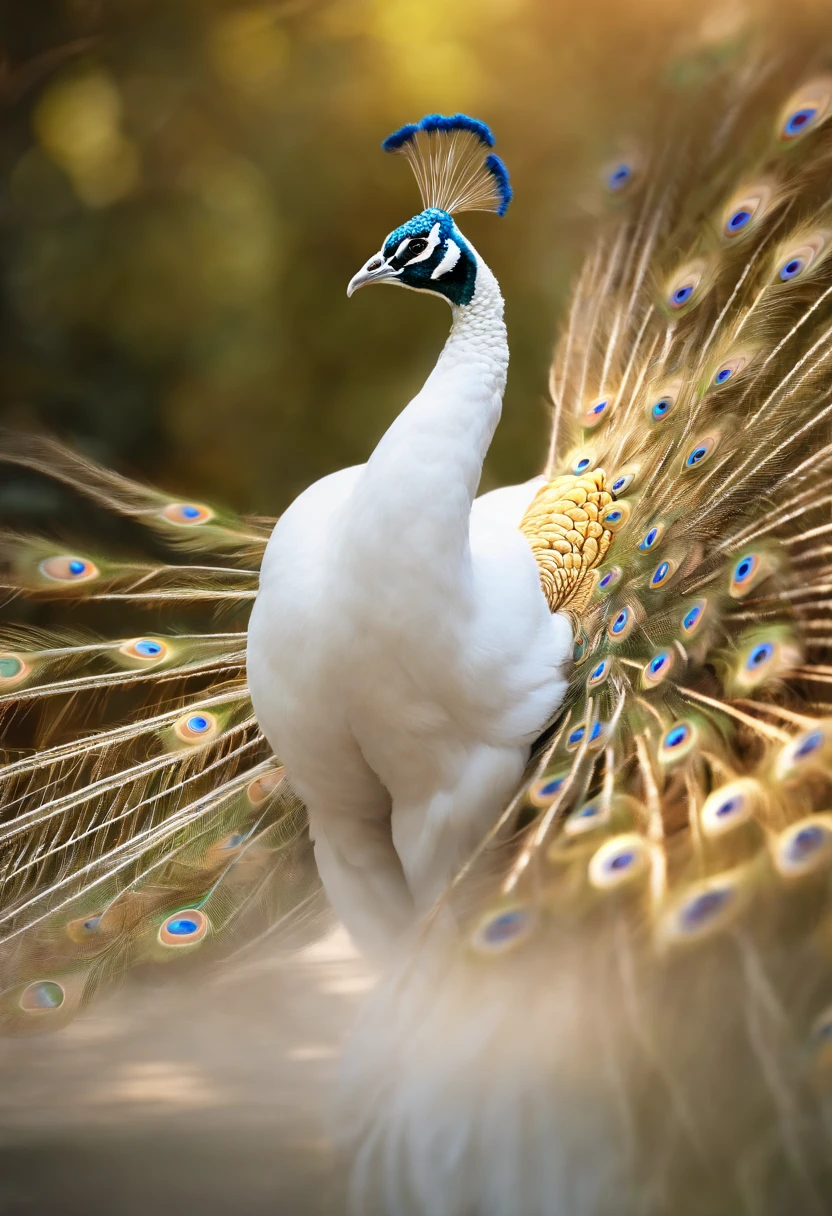 Best quality at best, Stunning artwork of beautiful white peacock, Peacock opens the screen,intricately details, (The best shadow), Elegant, Volumetriclighting
