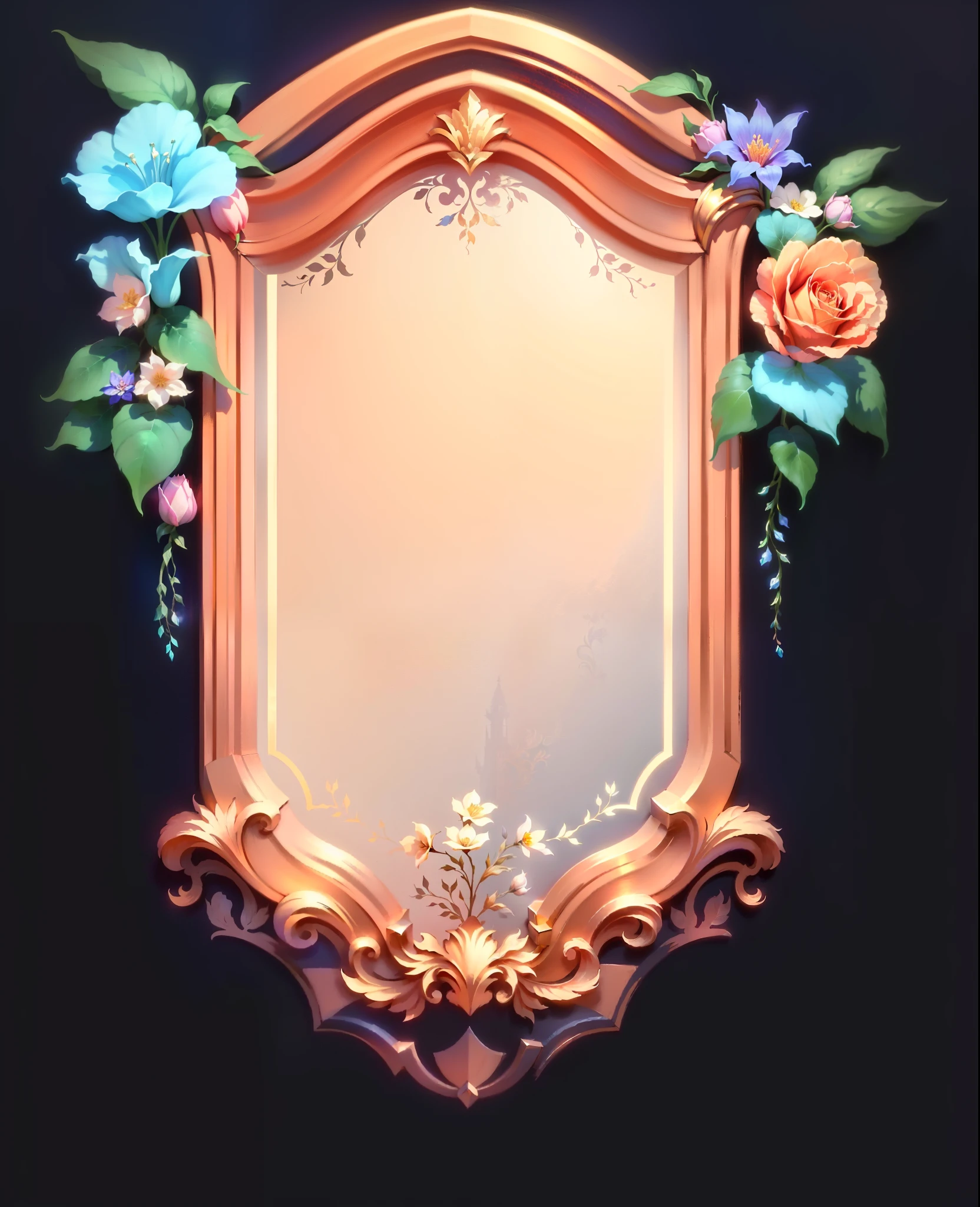 There is a picture of a mirror,There are flowers on it, ornate border + concept-art, mirror background, arte de fundo, ornate frame, Specular texture, 8K high quality detail art, detailed game art, Flower frame, Decorative frame, Gorgeous and elegant, elitedangerous 💙💜 a gorgeous ︎, stylized game art, game assets, Rococo elements, stylised painting, a gorgeous
