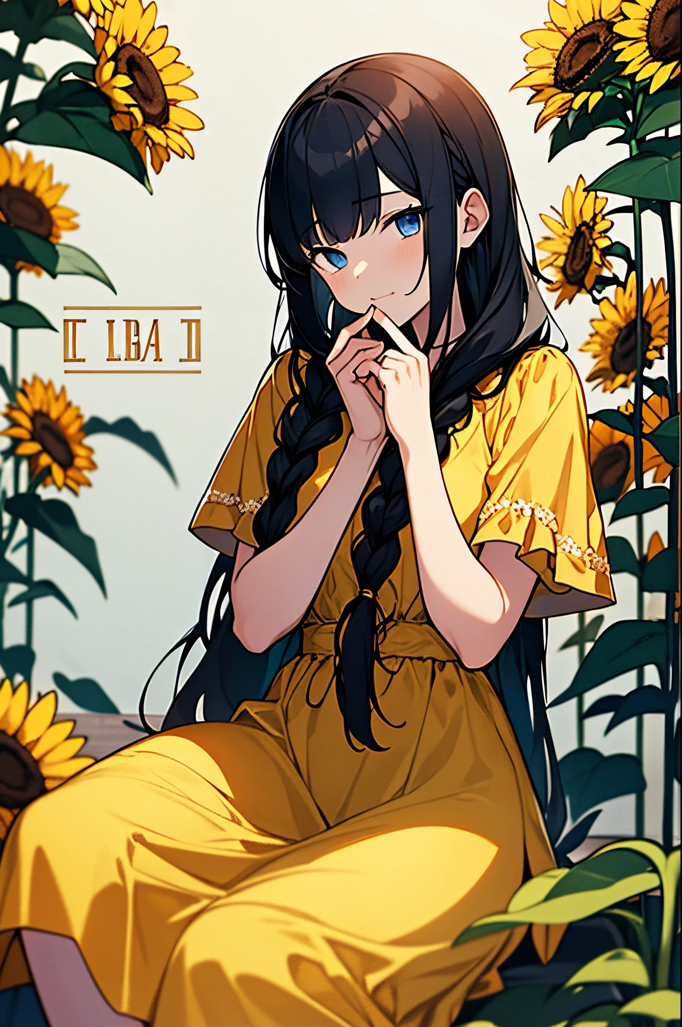 best quality, masterpiece, highres, original, 2D, anime
A young girl with long black hair in braids sitting pensively in a sunny flower field of yellow sunflowers. She is wearing a pale yellow dress with white lace trims. In her right hand she is holding up a small wooden plaque carved with the word "NB" in the center.