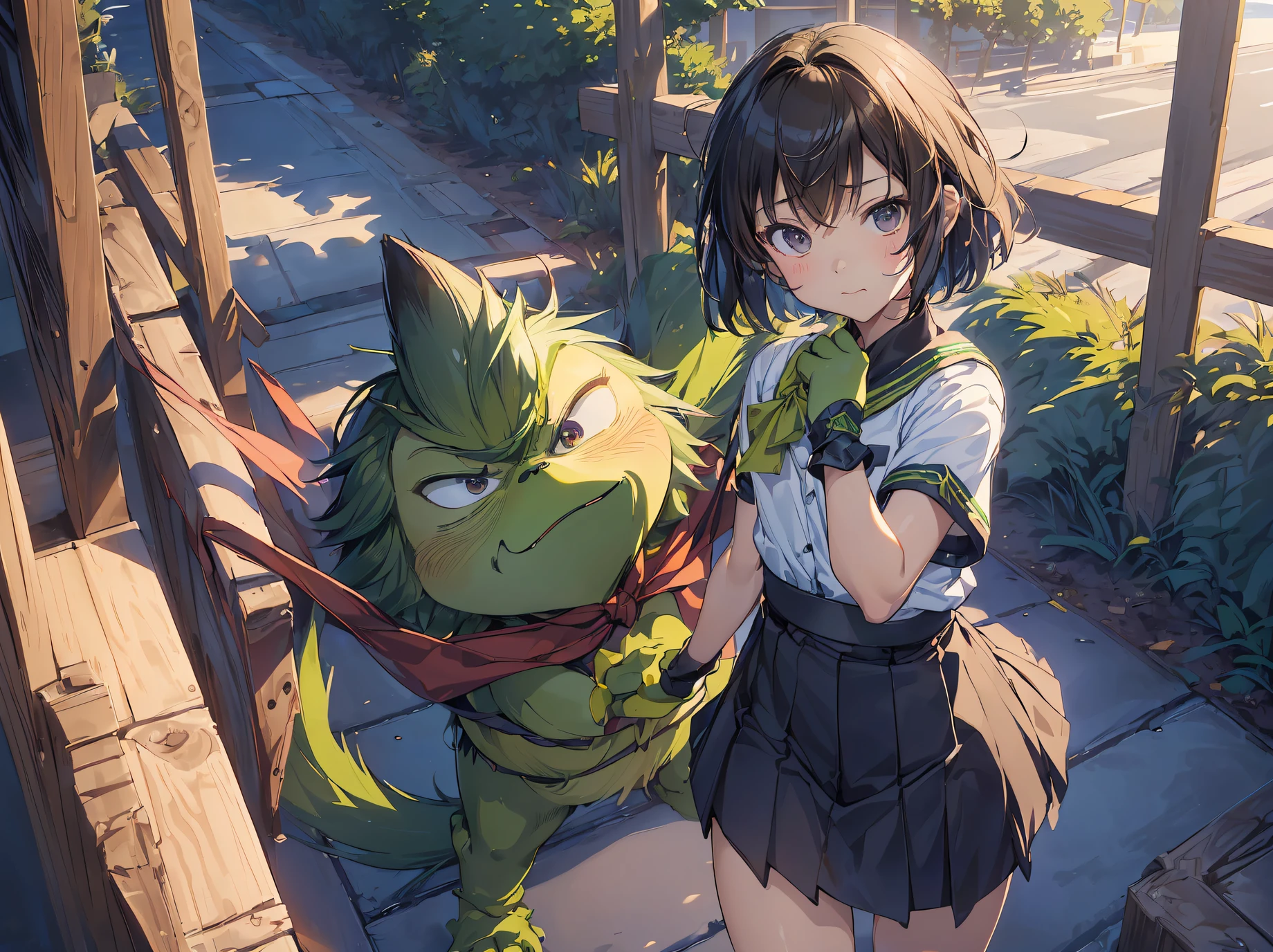 ((top quality, shinkai makoto style,ultra-detailed,high resolution,extremely detailed CG,unity 8k wallpaper, by famous artist, perfect anatomy, super detailed skin, cinematic lighting, UHD, retina, anatomically correct, 1080P)),break,(Please draw a girl walking with the Grinch on her shoulder. :1.3), break,(Grinch with girl:1.5), (Solo,Loli face,13-year-old:1.5),a junior high school student, androgynous charm, (Very Short hair), Full limbs, complete fingers,flat chest, Small butt, groin, Beautiful detailed black eyes, disgusted eye, school Uniform, skirt,(Detailed Lighting), (Detailed background),(in theSchool commute route),