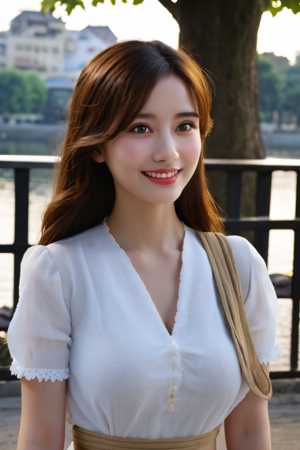 (A hyper-realistic), (hight resolution), (8K), (ighly detailed), (beatiful detailed eyes), (top-quality), (ultra-detailliert), (masterpiece), (A detailed face), softfocus、face of emma watson、Colossal tits、japanes、Hanoi cityscape in the background、You can see the cityscape of Hanoi from the luxury apartment、The white ao dai of traditional Vietnamese costume is fluttering in the wind、A smile