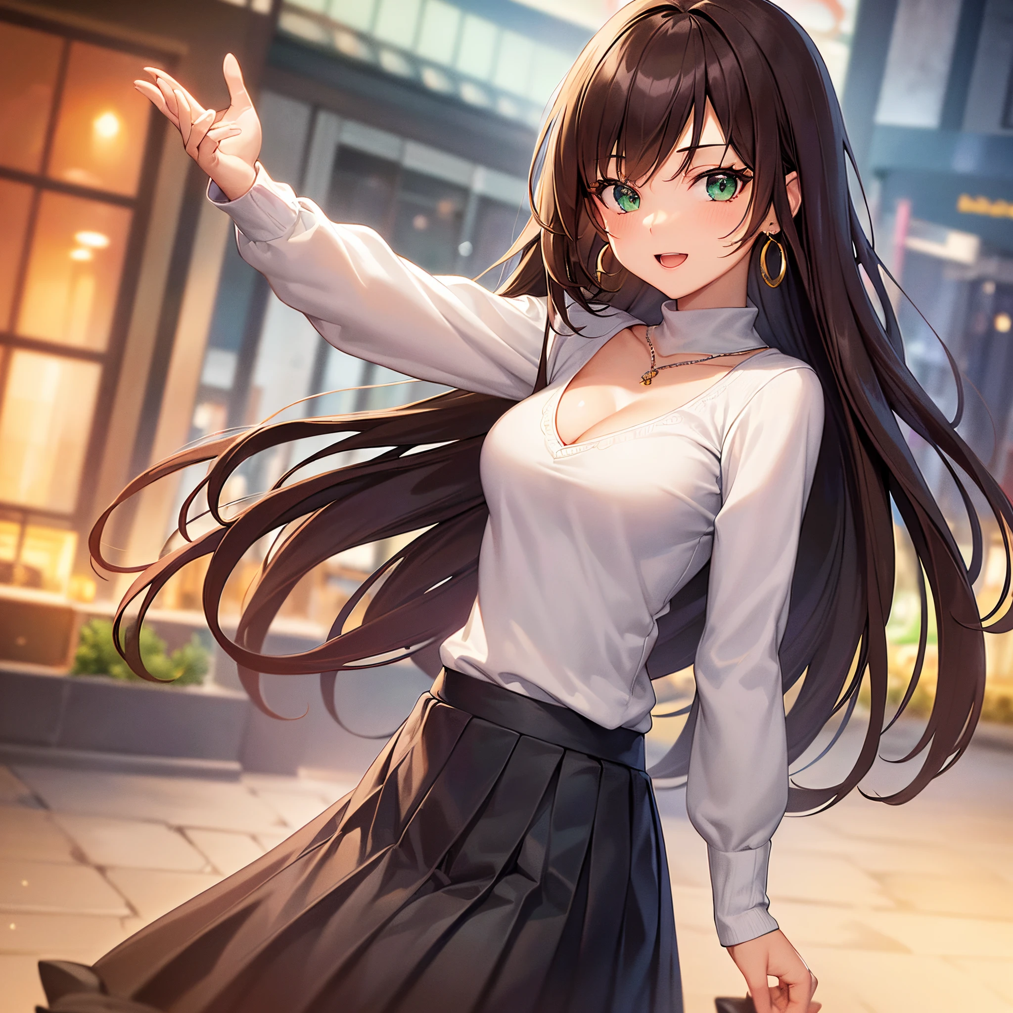((masterpiece, best quality, highres, UHD, perfect pixel, depth of field, 4k, RTX, HDR)), 1girl, single, solo, beautiful anime girl, beautiful artstyle, anime character, ((long hair, parted bangs, brown hair)), (green eyes:1.4, rounded eyes, beautiful eyelashes, realistic eyes), (detailed face, blushing:1.2), (smooth texture:0.75, realistic texture:0.65, photorealistic:1.2, anime CG style), medium breasts, cleavage, (dynamic angle, dynamic pose:1.4, looking to viewer), perfect body, busty, ((white sweater, long sleeve, pleated skirts, stocking)), smile, open mouth, leaning forward, hands behind back, amusement park, diamond necklace, rounded earrings, 1 girl