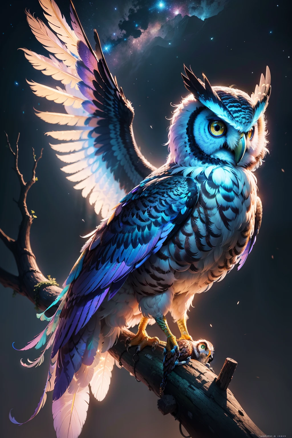 Close-up shot of a mythical owl with colorful feathers, galaxy eyes, shiny plumage, Detailed plumage, Detailed Big Eyes, The owl is landing on an alien tree branch , Watch the viewer with judgment, Focus, Alien landscape background .BREAK,Detailed,Realistic,4K highly detailed digital art,Octane Render, bio luminescent, Break 8K resolution concept art, Realism,by Mappa Studios,masutepiece,Best Quality,Official art,Illustration,ligne claire,(Cool_Color),Perfect composition,absurderes, Fantasy,Focused,thirds rule,