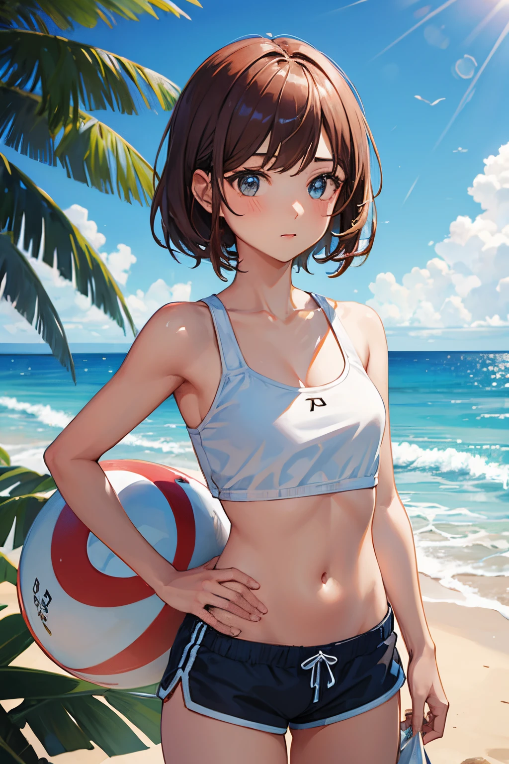 highest quality、Realistic、zoom、Chestnut Hair、Gray Eyes、short hair、Orange swimsuit、Tanned black body、Tan、Dark Skin、slender、Small breasts、Sweat、smile、Ocean、