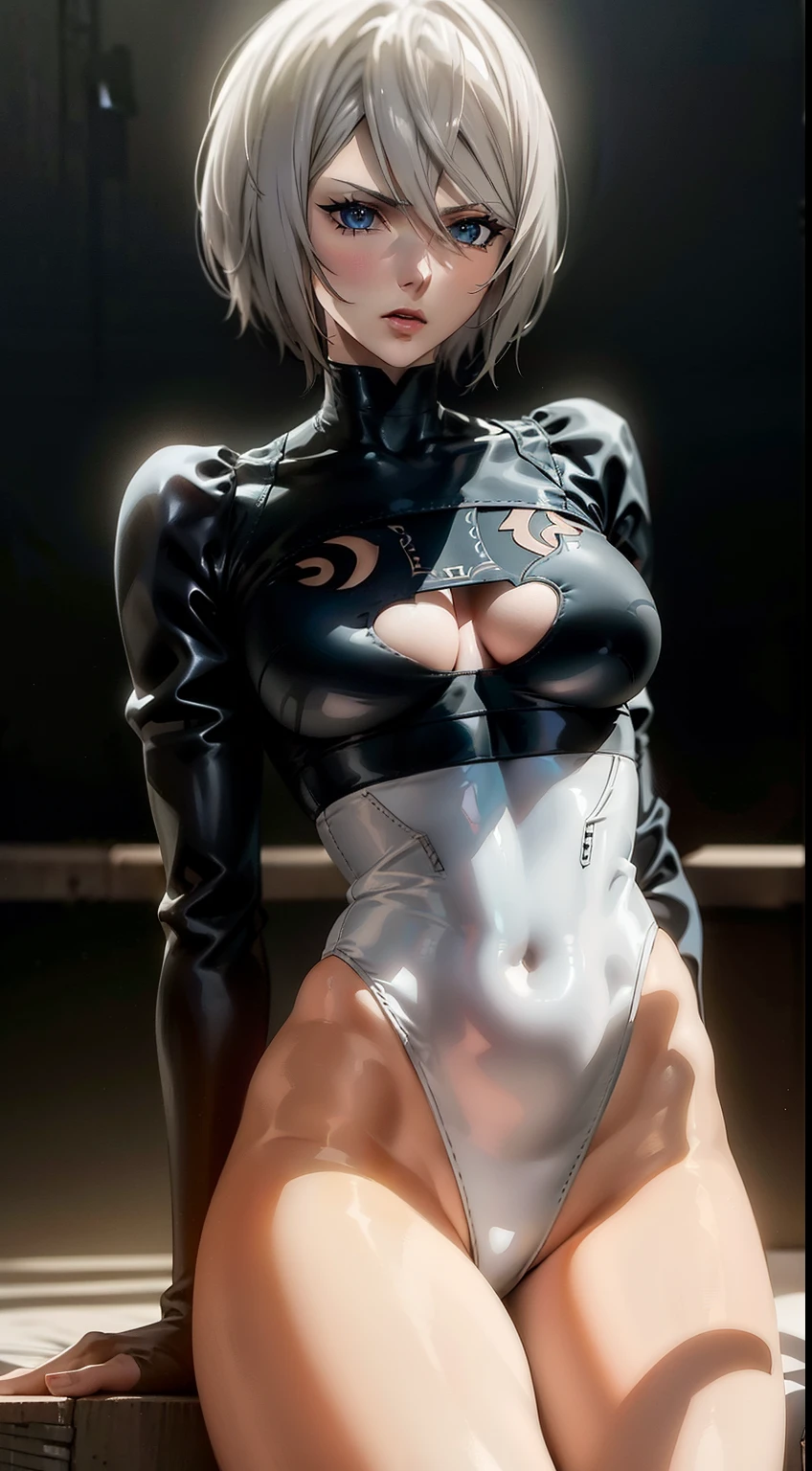 gloomy composition, gloomy background, Lies, lying by the window, night city, Cyberpunk city, very detailed eyes, Beautiful figure, Lucy from the anime series Cyberpunk Edge Runner, a 1girl, facing the viewer, Beautiful figure (Proper Anatopy 1.1.), in full height (Body Full 1.1), Slim, Slender figure, Slender figure, shapely legs, Anime style, white colored hair, white colored hair, that disappear at the ends, Bob hairstyle, short white jacket, tight black suit, Cutouts on the shoulders, Cutouts on the chest, Neckline at the waist, Skinny black leather pants, Very detailed face, Very beautiful face, Very sexy ass, in full height (Body Full 1.1), small elastic breasts, Little ass, Beautiful slim figure, small buttocks, black tight suit, darkly,gris & Dark Style:1.1), Light, femininity,tmasterpiece,beste-Qualit,higly detailed,Visible to the feet, 8K resolution, High Sharp, 8K resolution, higly detailed, 8K UHD, Professional lighting, Photon mapping,physical based rendering, a perfect face, detailed face and body, ray traced, expressive look, Cinmatic Lighting,elastic small breasts, Heightened sexuality,