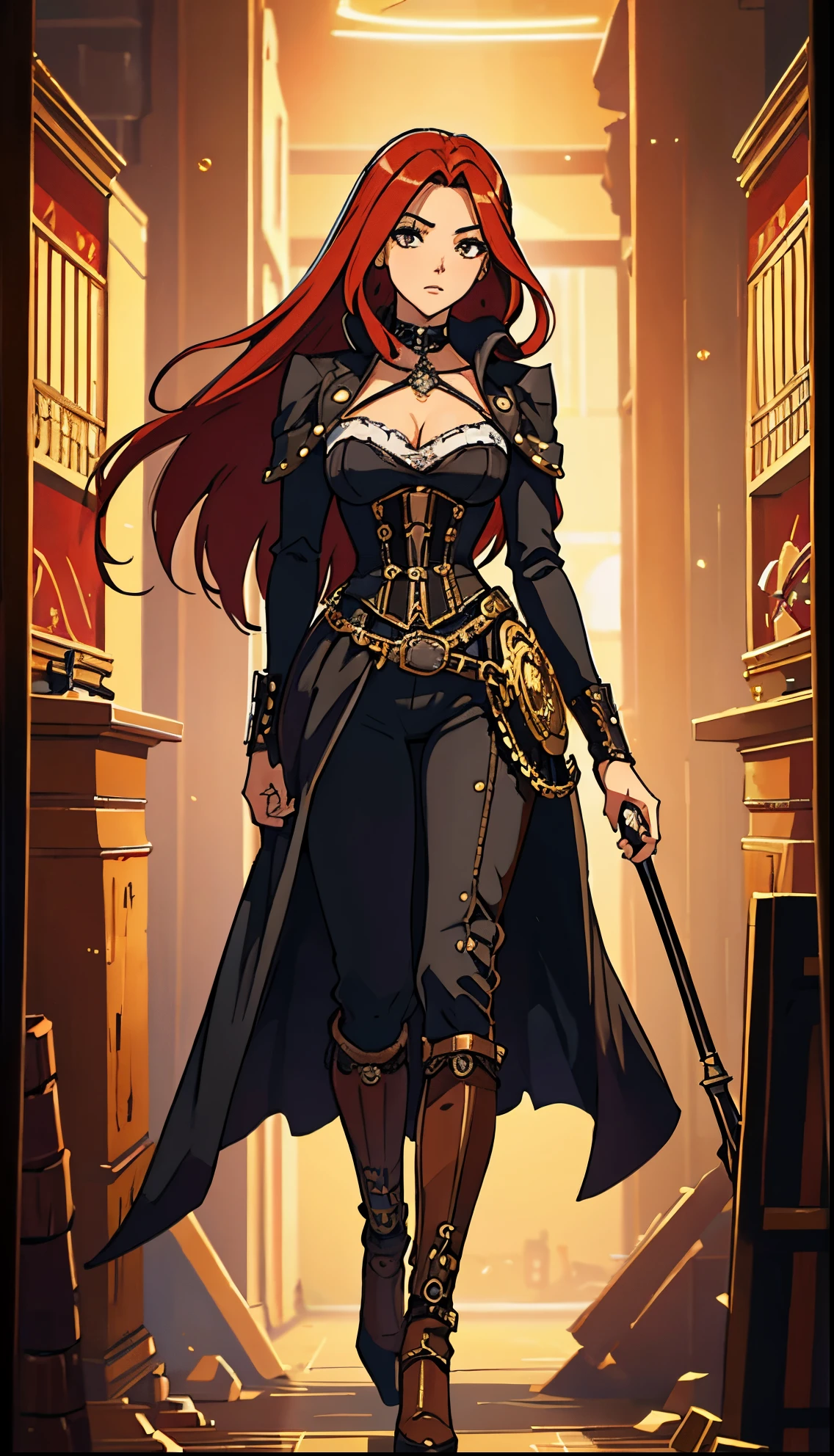 gorgeous woman, clockwork corset, steampunk, long golden hair, leather pants, leather boots, belts and straps, pouches and vials
