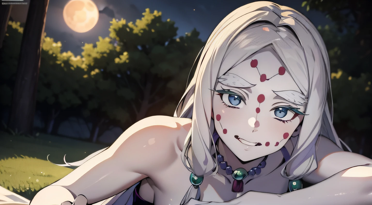 One Demon Girl, Masterpiece, Best Quality, Sitting on the grass, in full height (Body Full 1.1.), Beautiful waist, nice feet, hiquality, Highly detailed face, Depth of field, HDR, Very detailed, Ray Tracing, full - body, Dark Fantasy, Demon Tattoo, Ultra Beautiful, lovely small breasts. white colored hair,Transition to red, pale skin, woods, Night Forest, moon light, Beautiful figure, taut clothes, black cape on pink kimano, Lovely Medium Breasts, Smiling, gray eyes, handsome body, sexy clothes, Beautiful eyes, very detailed eyes, Very detailed face, handsome body, Cherecter Desing, Very detailed, Detailed body, Detailed hands, Detailed, Vibrants, Detailed Face, sharp-focus, WLOP, artgerm, anime art, Vibrants, Detailed Face, Hugh Details, sharp-focus, Very drooping face, A detailed eye, super fine illustration, better shadow, finely detail, Beautiful detail