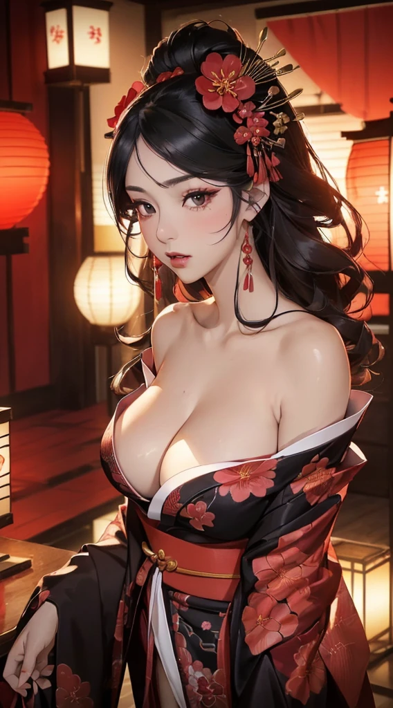 (((8k wallpaper of extremely detailed CG unit, masterpiece, 超A high resolution:1.2, top-quality:1.2, masutepiece))), ((extremely beautiful lady, extra detailed face, Highly detailed black eyes, extra detailed body, Top quality real texture skins, A dark-haired, de pele branca, Small:1.3, Sexy black and red kimono:1.2, off shoulders, Light pink eyeshadow)), ((Exposed cleavage, exposed shoulder, Exposed belly, Exposed legs)), (paper lanterns, Plum Blossom, Plum blossoms, natta:1.2, A Japanese style), hyper realisitic, digitial painting,