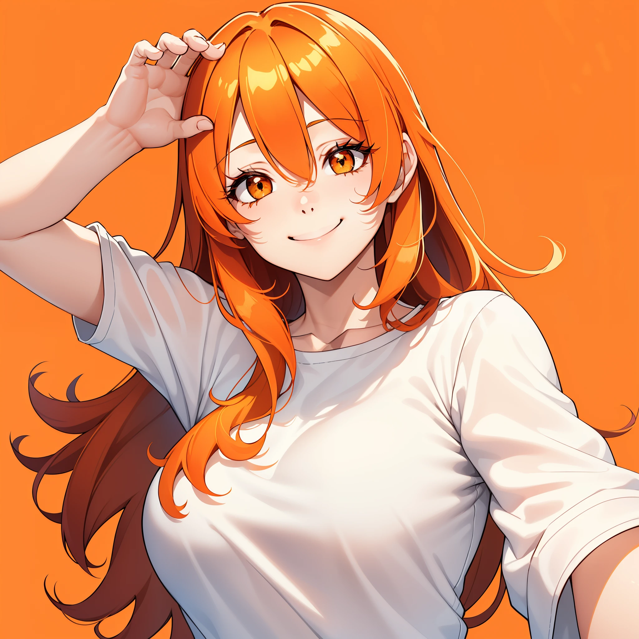 One girl, alone, Upper Body,
Orange Hair, Long Hair,
Orange eyes, Long eyelashes, Thick eyelashes, View your viewers,
smile,
White shirt,
White Background, Simple Background,