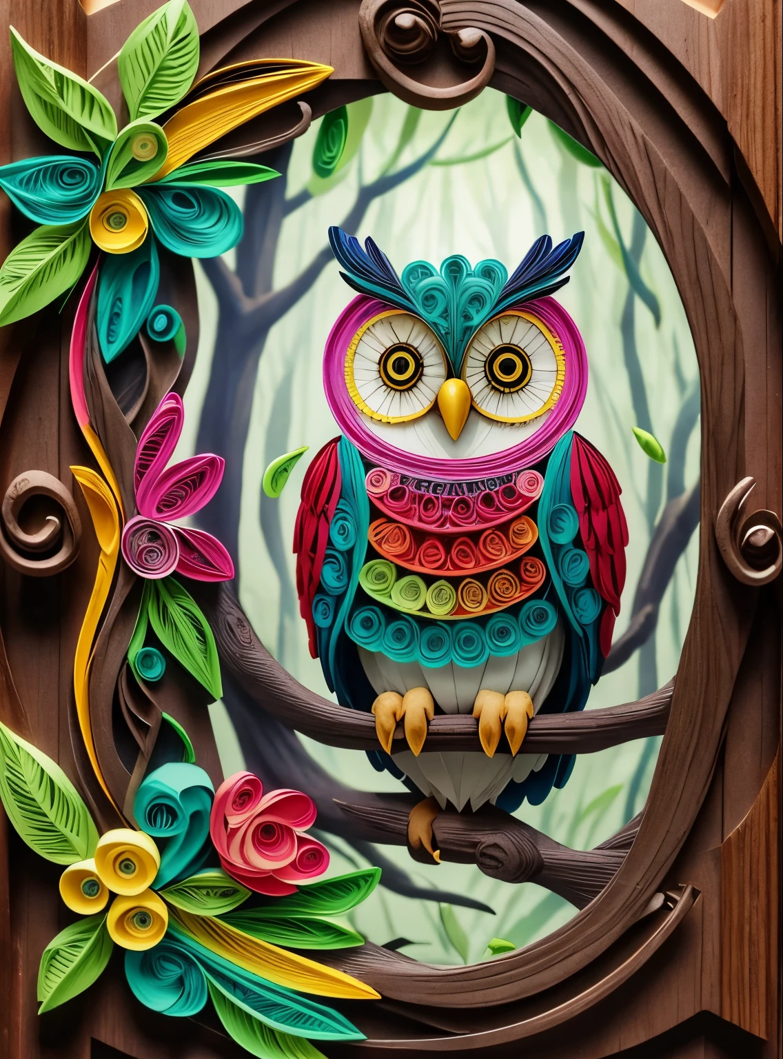 Owl in the Enchanted Forest, Multidimensional quilling paper, Art Book, tchibi, Beautiful, Colorful, Masterpieces, of the highest quality, Best Quality, offcial art, Beautiful and aesthetic, (8K，Ultra photo realsisim)，yang08k