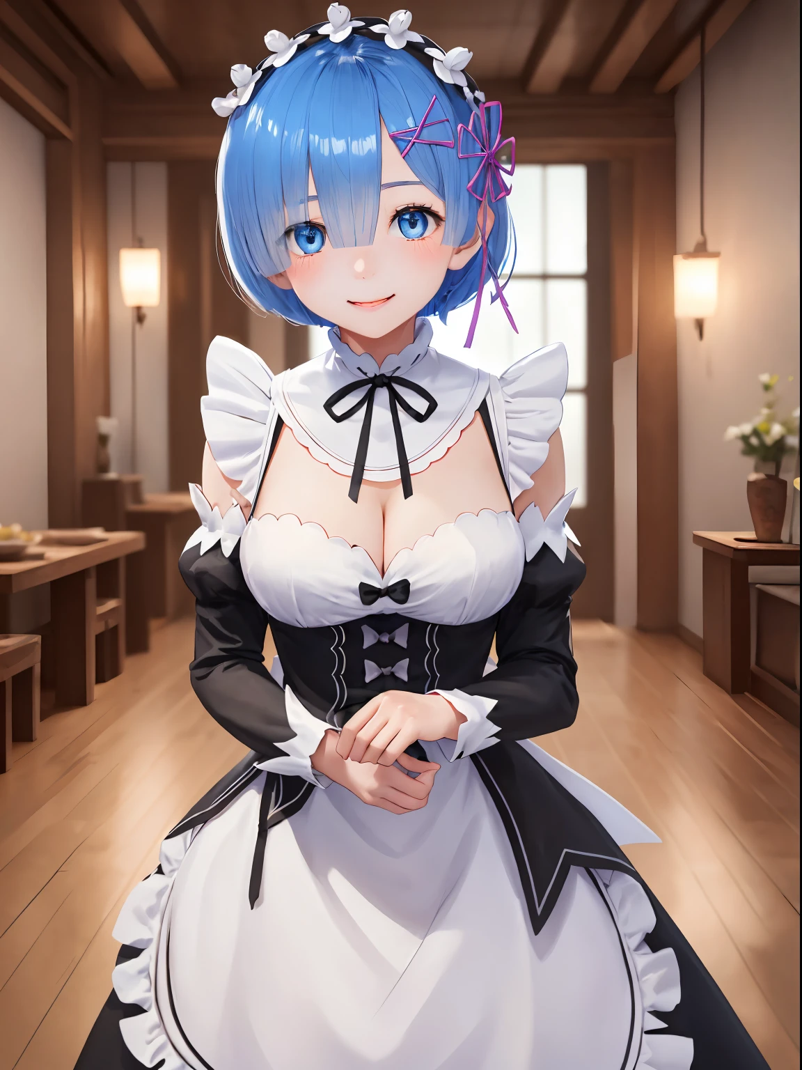 An ultra-high picture quality、(​masterpiece)、[3D images:1.15],Attractive eyes、1girl in, cute rem,A cute smile no matter who looks at it、 ((Intricate details)), Highly detailed, Upper body, 1girl in, Remu_Re_Staynight, Blue hair, Short hair, Maid Uniform, Hair Ornament, cleavage, Maid headdress, Detached sleeves, bow ribbon,Unity 8k壁纸, (Illustration:0.8), (Beautiful detailed eyes:1.16), extra detailed face、Dress correctly, Beautiful Finger、 charming figure,super precision