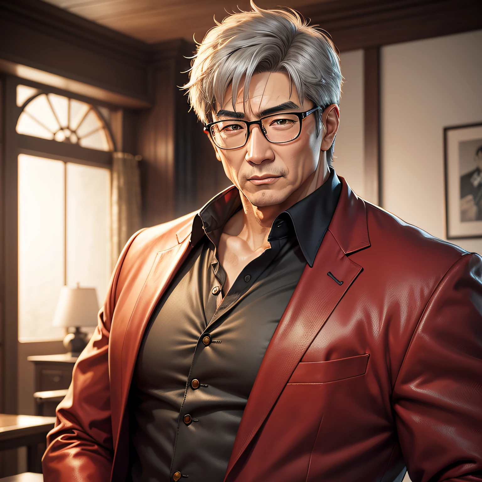 Realistic anime style, from the front, man, oriental, 60s, age marks, large rounded nose, short gray hair, black eyes, glasses, looking like Jackie Chan, red suit with gold details and white shirt, in a room Eastern