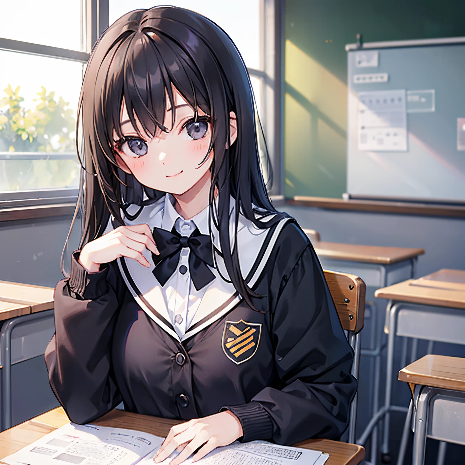 girl with、1 persons、18year old、Dark hair、Black eyes、length hair、A smile、huge smile、Smaller chest、Schools、‎Classroom、desk work
