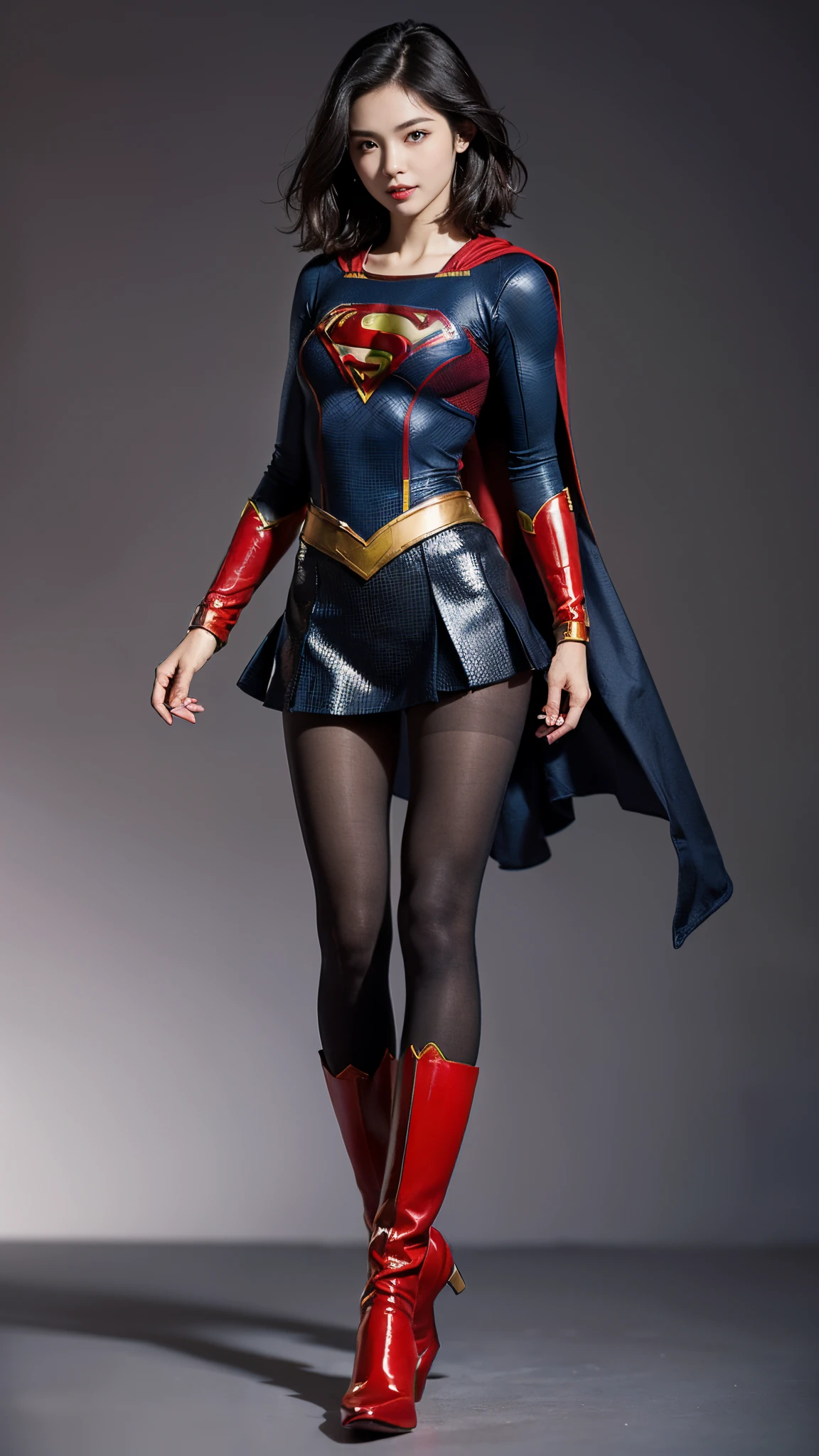 Asian Beautiful Girl、(((Wear black tights on your beautiful legs.)))、(((beauty legs)))、(((facial expression of smile)))、((((Make the most of the original image)))、(((Supergirl Costume)))、(((a short bob、beautiful hairl)))、(((Suffering)))、(((Feet must necessarily be worn with black tights)))、(((You need to wear red boots)))、((Top image quality、8K))、((top-quality、8K、​masterpiece:1.3))、(((Keep your background simple)))、Crisp focus:1.2、Beautiful woman with perfect body shape:1.4、Slender Abs:1.2、a wet body:1.5、Highly detailed facial and skin texture、8K、beauty legs