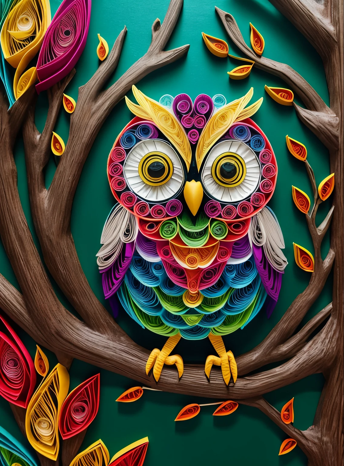 Owl in the Enchanted Forest, Multidimensional quilling paper, Art Book, tchibi, Beautiful, Colorful, Masterpieces, of the highest quality, Best Quality, offcial art, Beautiful and aesthetic, (8K,Ultra photo realsisim),yang08k