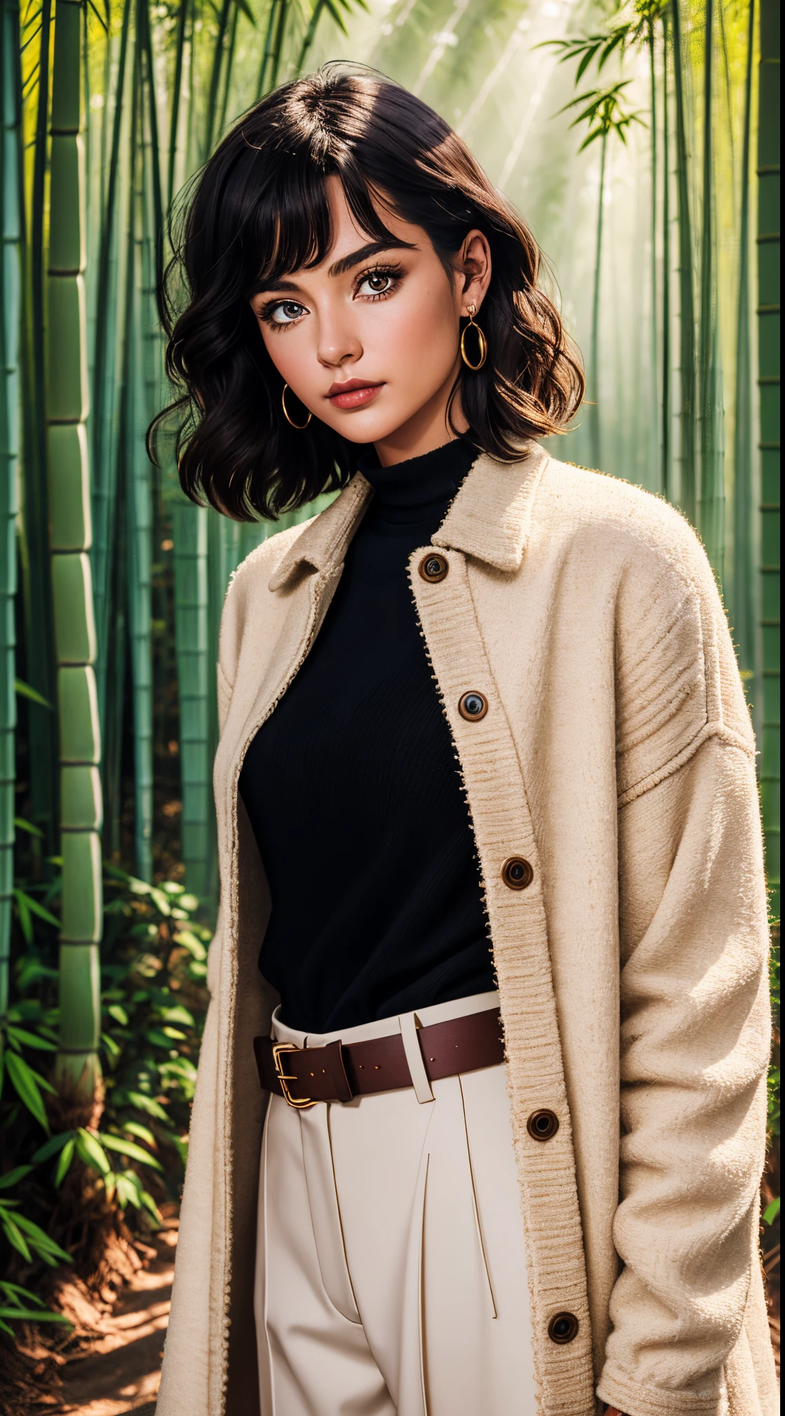 A girl, short golden hair styled in an upward fashion, a tuft of hair bangs, a melancholic expression, sharp gaze, a playful smile, a two-piece fantasy-style Chinese outfit, a complexly layered white undershirt, a loose-knit outer coat, a yellow silk belt, coarse cloth trousers, the backdrop showcases a wooden house set in a bamboo forest, creating a refreshing and dreamy atmosphere, this character embodies a finely crafted fantasy-style wise in anime style, characterized by an exquisite and mature manga illustration art style, high definition, best quality, highres, ultra-detailed, ultra-fine painting, extremely delicate, professional, anatomically correct, symmetrical face, extremely detailed eyes and face, high quality eyes, creativity, RAW photo, UHD, 8k, Natural light, cinematic lighting, masterpiece-anatomy-perfect, masterpiece:1.5