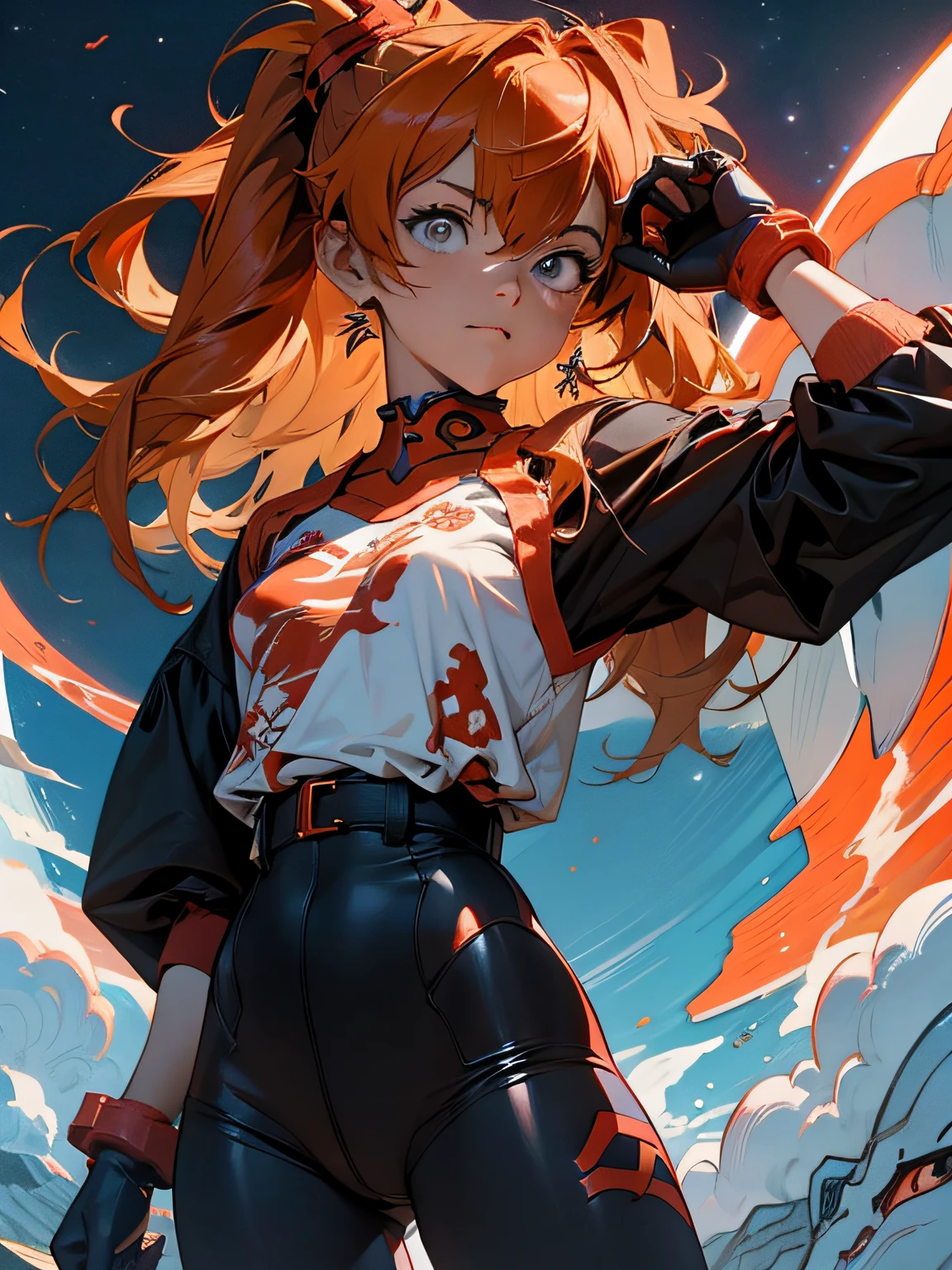 Asuka Langley Soryu，ojos azules，pelo entre los ojos，Cabezal，Auriculares de interfaz，cabello naranja，Traje de batalla，action pose，Recubrimiento grueso，album cover art，Storytelling images