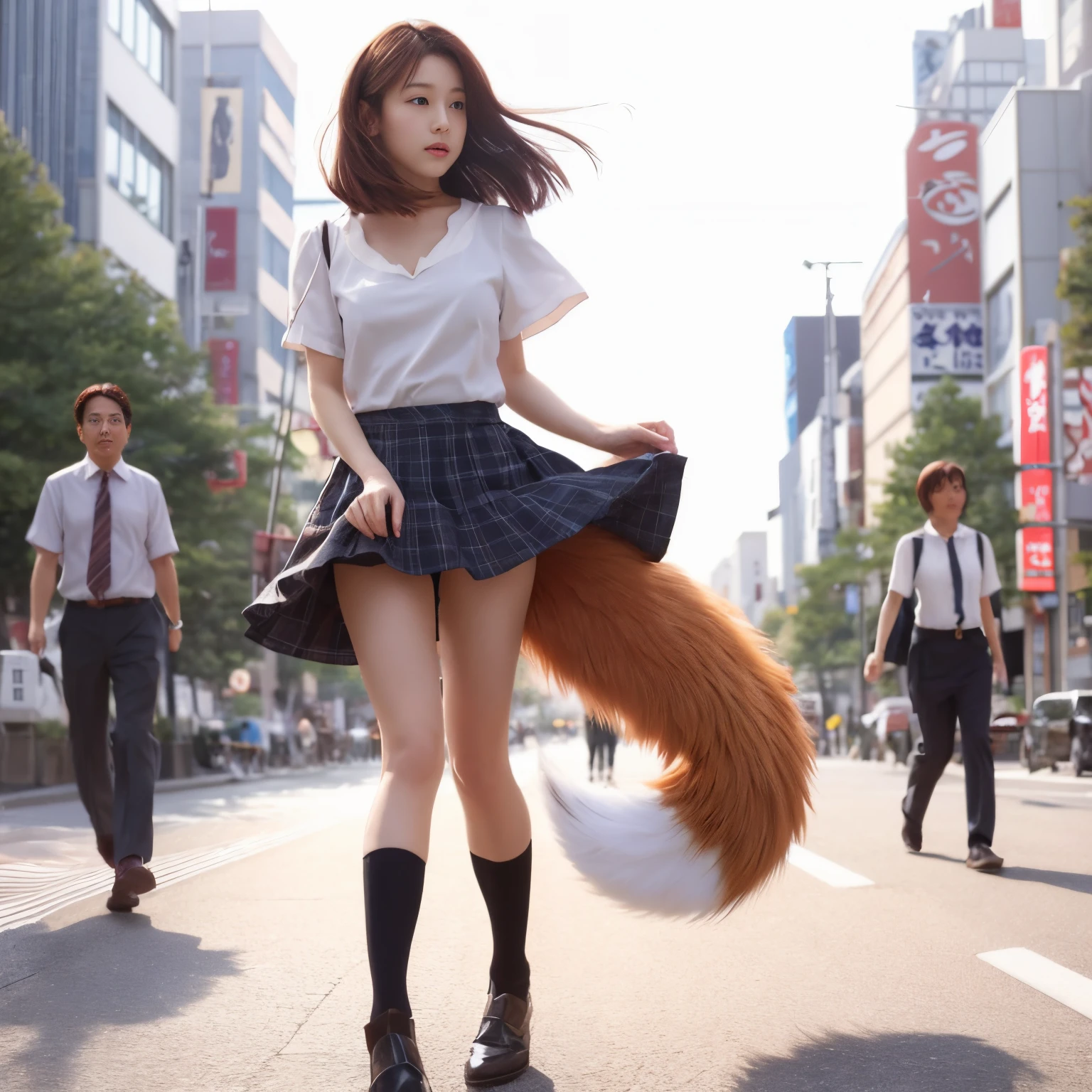 Woman walking down the street with a skirt and a fox tail, Fox tail, foxgirl, Furry tail, female furry mini cute style, fluffy tail, Surreal Women, Pedestrian paradise in Ginza, Tokyo, a picture, Hair that flutters in the wind, A skirt that flutters in the wind, top-quality, White blouses, slender, tail, Eight-headed body, Small face