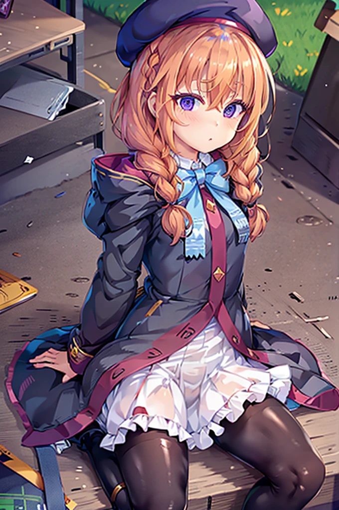 best quality, masterpiece, 1girl, (solo:1.1), spread legs, looking at viewer, yuni \(princess connect!\),long hair,twin braids,bangs,hair between eyes,beret,hooded coat,st. theresa's girls academy school uniform,frilled dress,black pantyhose,boots