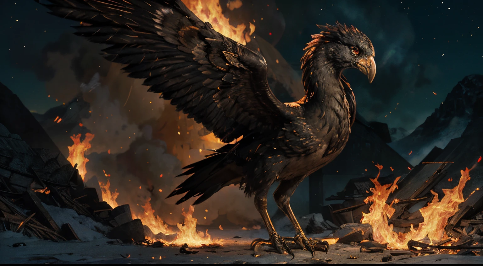 best quality,highres,(realistic,photorealistic:1.37),detailed,shimmering feathers, majestic, fiery colors, spreading wings, mythical creature, mythical bird, graceful flight, powerful presence, intense gaze, radiant glow, elegant beak, vibrant plumage, striking tail, mythical rebirth, mythical symbol, symbol of immortality, intense heat, mythical flames, mythical creature rising from ashes, majestic silhouette, mystical aura, mythical powers, mythical energy, magical feathers, vibrant orange and red hues, mythical bird emerging from fire, powerful and majestic creature, mythical phoenix representing transformation and renewal, mythical creature of legend, immortal bird reborn from its own ashes, mythological bird of fire, celestial beauty, mythical guardian, magnificent display of power and grace, legendary creature, ancient myth, divine bird, mythic symbol of hope and rebirth, mythical creature of wonder.